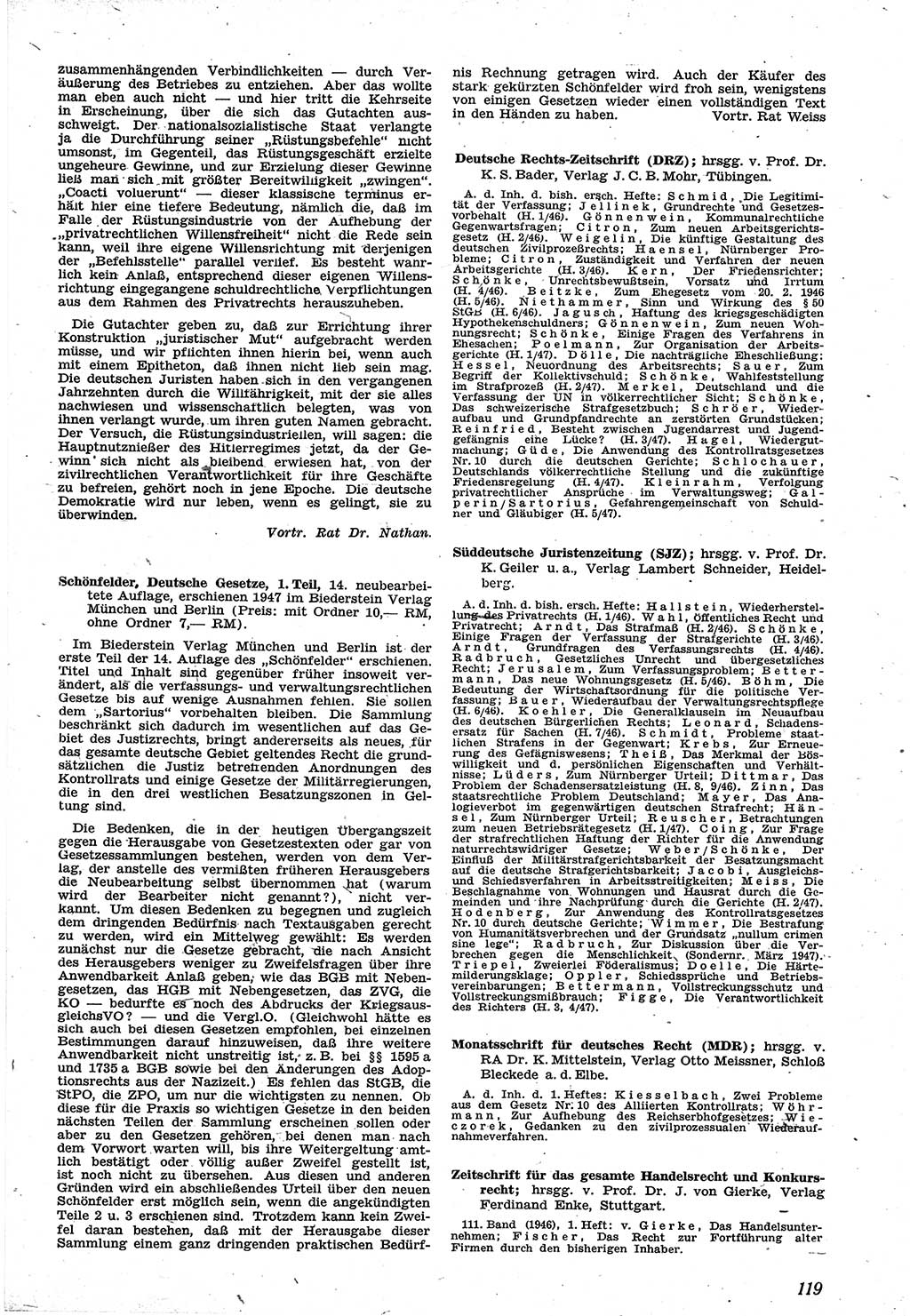 Neue Justiz (NJ), Zeitschrift für Recht und Rechtswissenschaft [Sowjetische Besatzungszone (SBZ) Deutschland], 1. Jahrgang 1947, Seite 119 (NJ SBZ Dtl. 1947, S. 119)