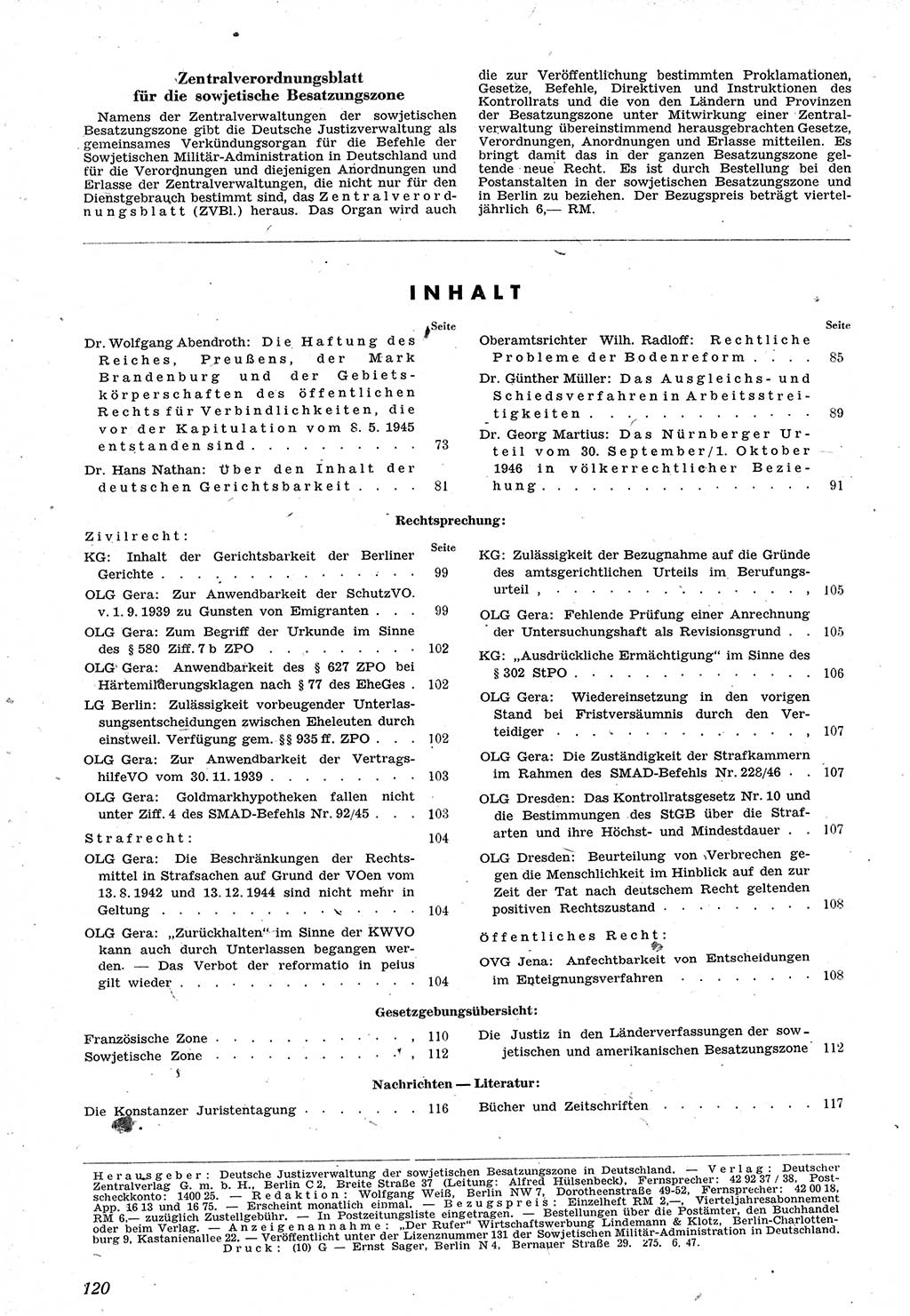 Neue Justiz (NJ), Zeitschrift für Recht und Rechtswissenschaft [Sowjetische Besatzungszone (SBZ) Deutschland], 1. Jahrgang 1947, Seite 120 (NJ SBZ Dtl. 1947, S. 120)