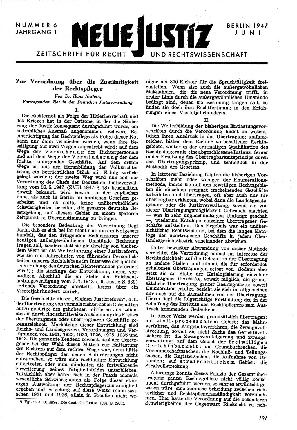 Neue Justiz (NJ), Zeitschrift für Recht und Rechtswissenschaft [Sowjetische Besatzungszone (SBZ) Deutschland], 1. Jahrgang 1947, Seite 121 (NJ SBZ Dtl. 1947, S. 121)