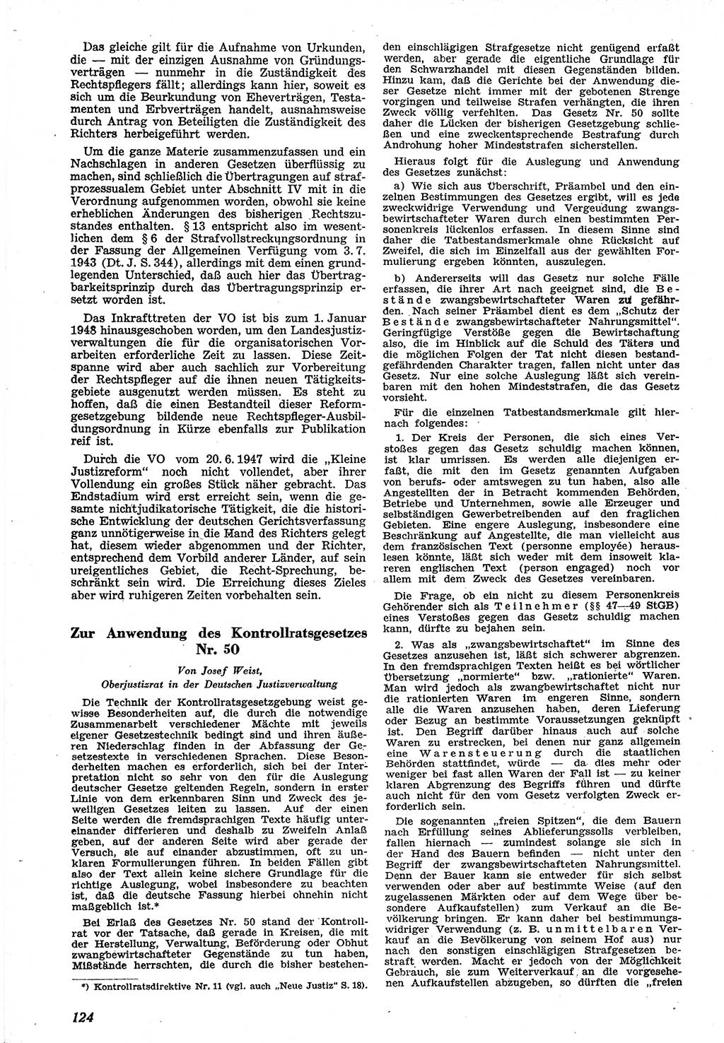 Neue Justiz (NJ), Zeitschrift für Recht und Rechtswissenschaft [Sowjetische Besatzungszone (SBZ) Deutschland], 1. Jahrgang 1947, Seite 124 (NJ SBZ Dtl. 1947, S. 124)