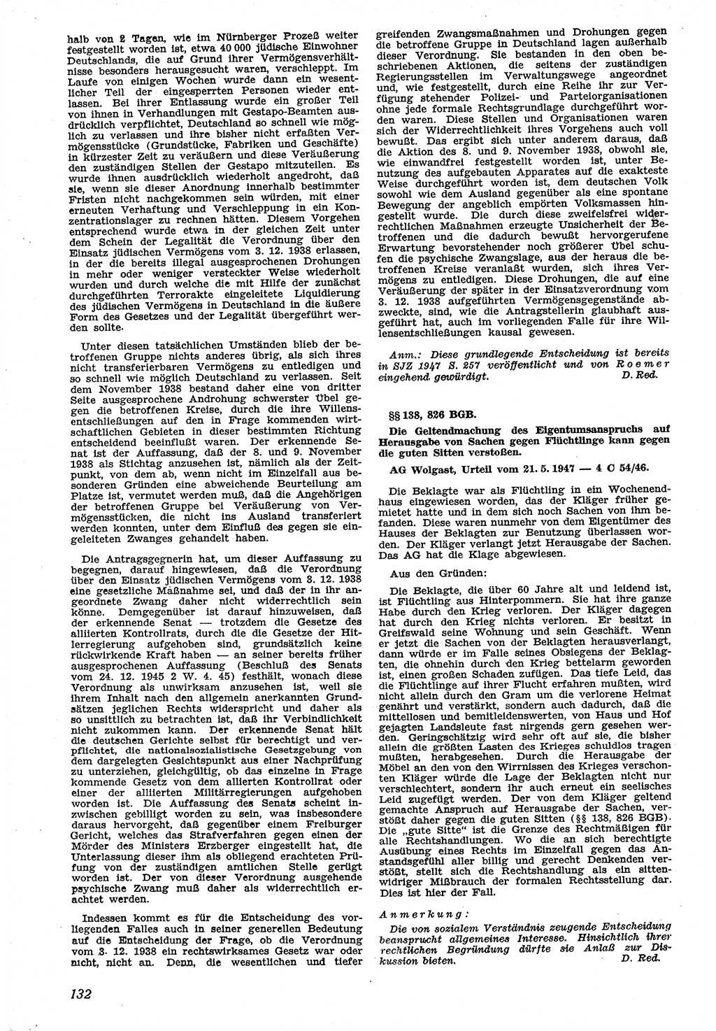 Neue Justiz (NJ), Zeitschrift für Recht und Rechtswissenschaft [Sowjetische Besatzungszone (SBZ) Deutschland], 1. Jahrgang 1947, Seite 132 (NJ SBZ Dtl. 1947, S. 132)