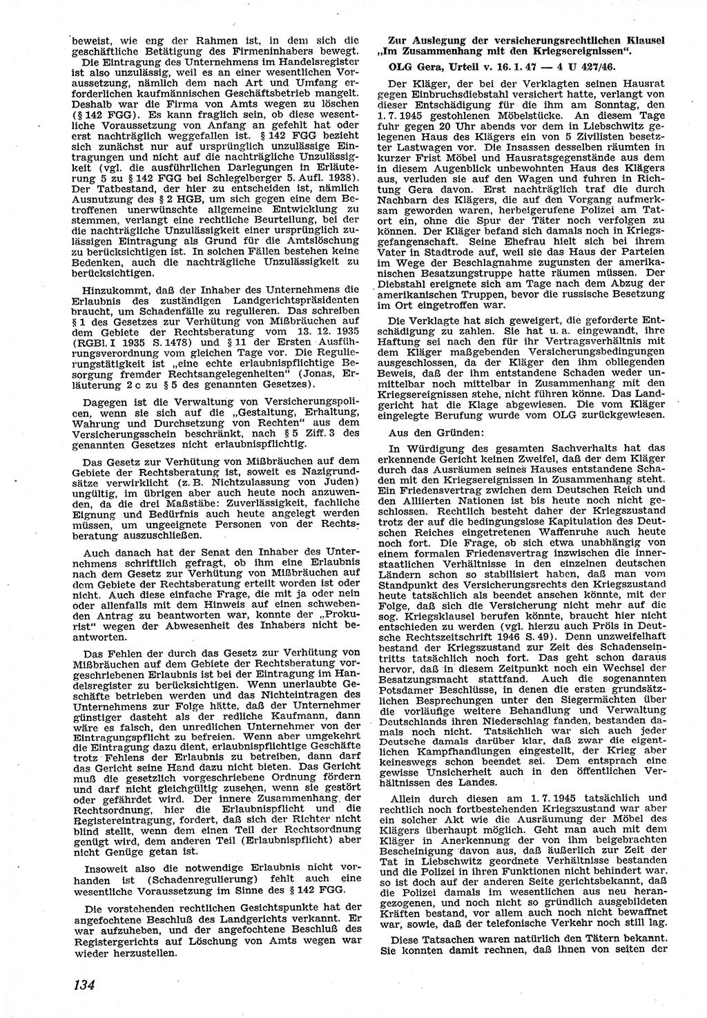 Neue Justiz (NJ), Zeitschrift für Recht und Rechtswissenschaft [Sowjetische Besatzungszone (SBZ) Deutschland], 1. Jahrgang 1947, Seite 134 (NJ SBZ Dtl. 1947, S. 134)