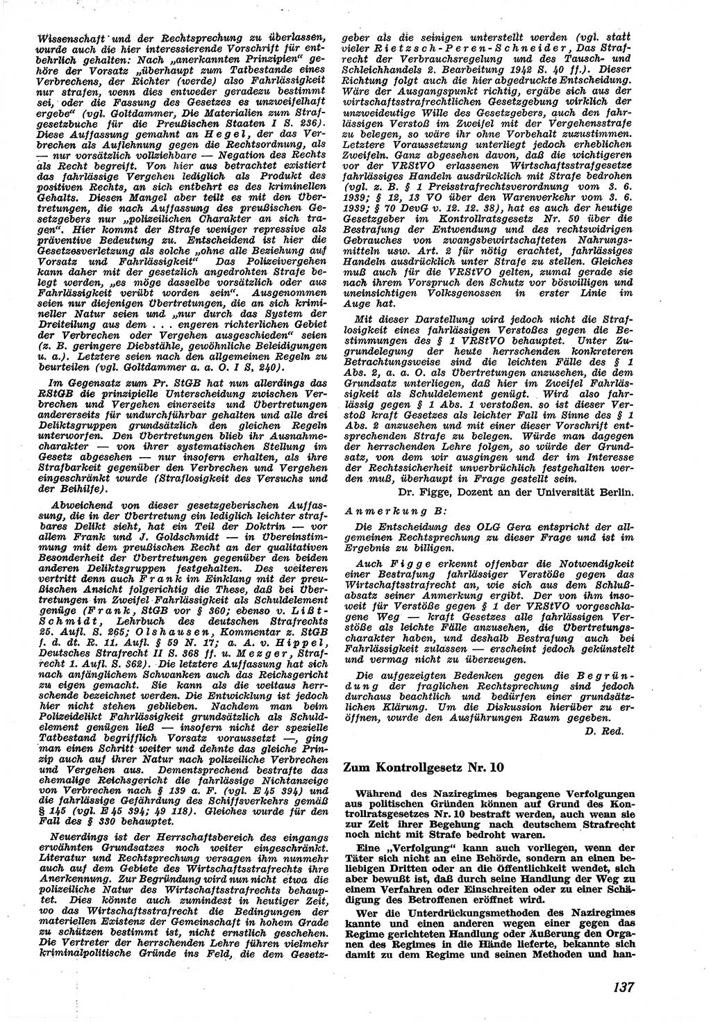 Neue Justiz (NJ), Zeitschrift für Recht und Rechtswissenschaft [Sowjetische Besatzungszone (SBZ) Deutschland], 1. Jahrgang 1947, Seite 137 (NJ SBZ Dtl. 1947, S. 137)