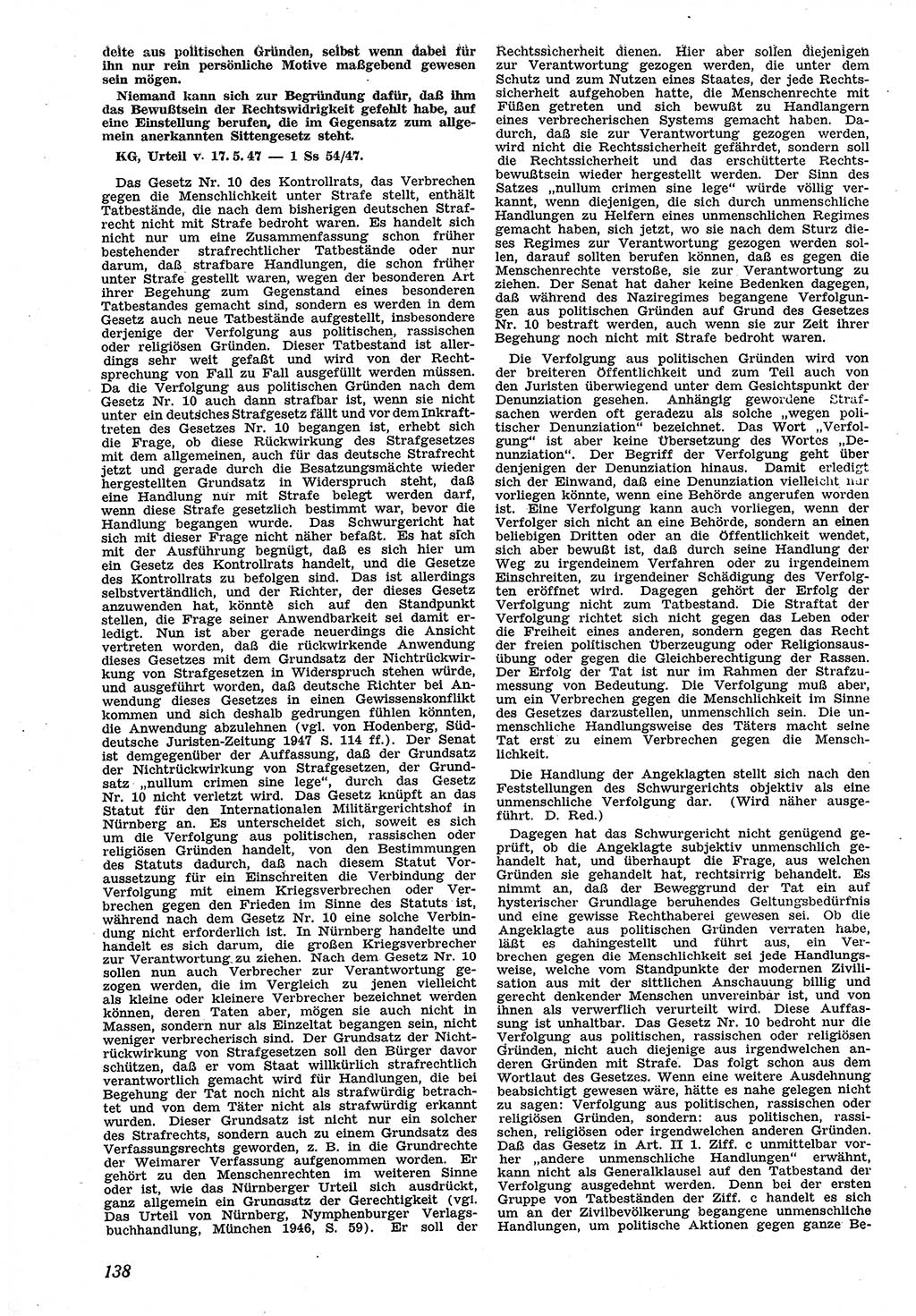 Neue Justiz (NJ), Zeitschrift für Recht und Rechtswissenschaft [Sowjetische Besatzungszone (SBZ) Deutschland], 1. Jahrgang 1947, Seite 138 (NJ SBZ Dtl. 1947, S. 138)