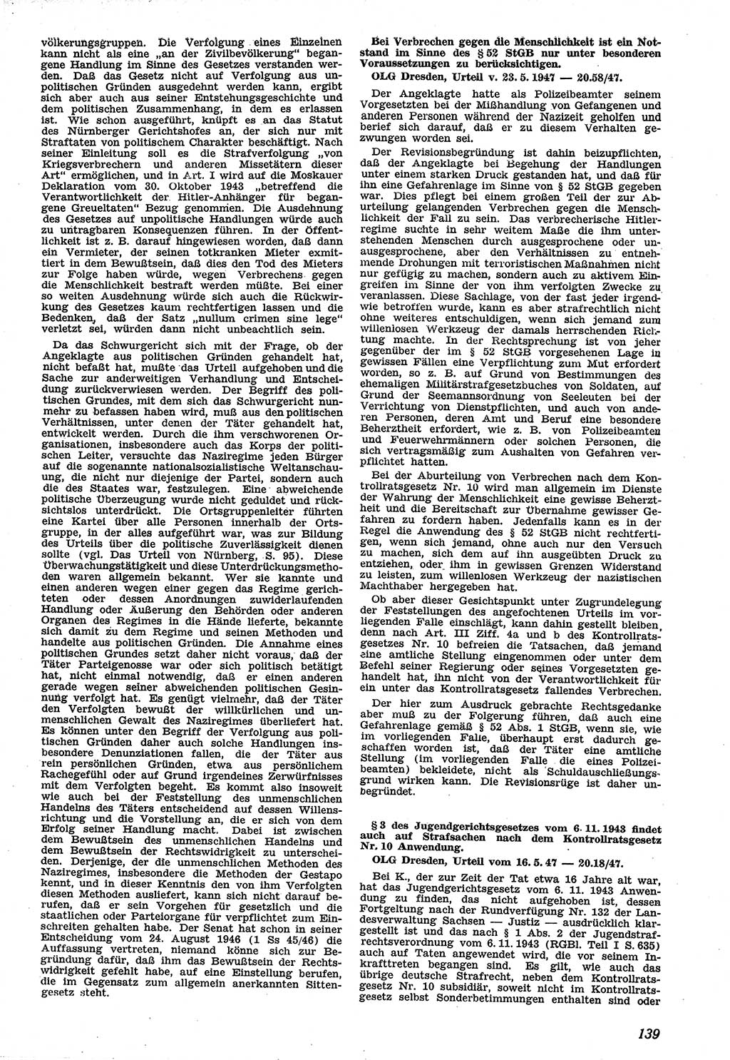 Neue Justiz (NJ), Zeitschrift für Recht und Rechtswissenschaft [Sowjetische Besatzungszone (SBZ) Deutschland], 1. Jahrgang 1947, Seite 139 (NJ SBZ Dtl. 1947, S. 139)