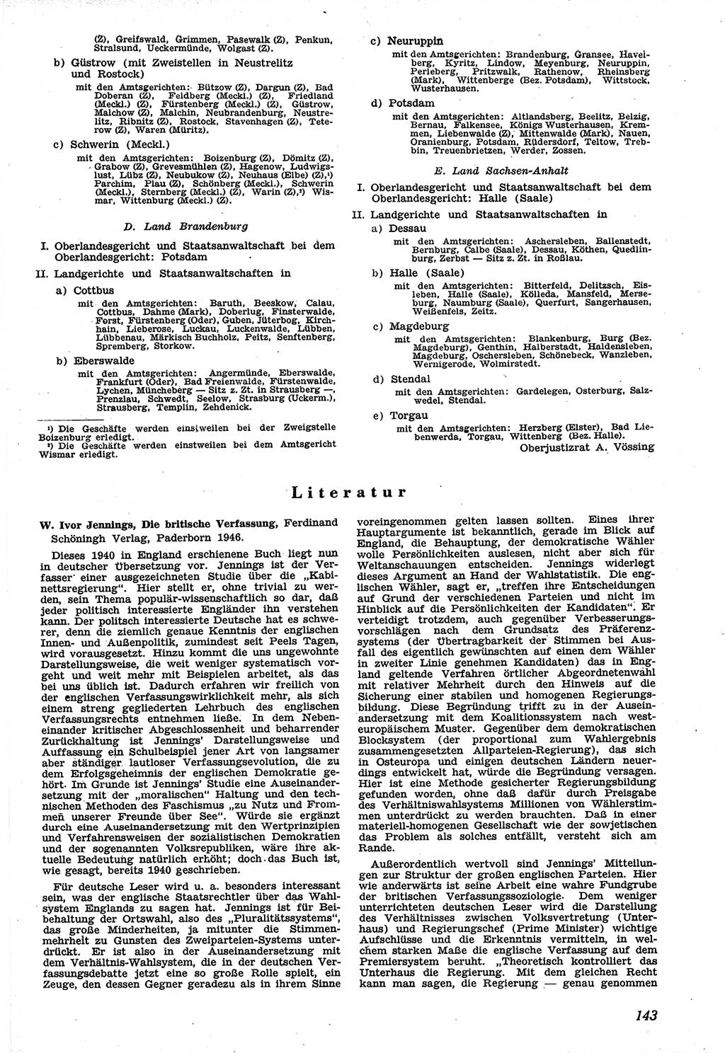 Neue Justiz (NJ), Zeitschrift für Recht und Rechtswissenschaft [Sowjetische Besatzungszone (SBZ) Deutschland], 1. Jahrgang 1947, Seite 143 (NJ SBZ Dtl. 1947, S. 143)