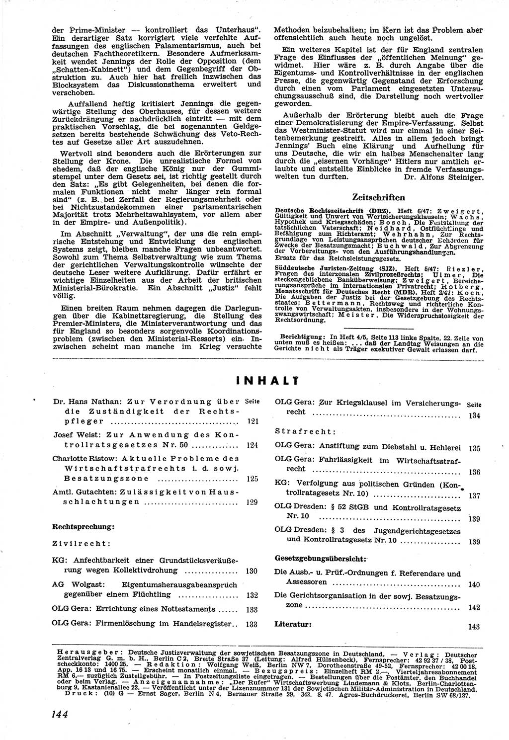 Neue Justiz (NJ), Zeitschrift für Recht und Rechtswissenschaft [Sowjetische Besatzungszone (SBZ) Deutschland], 1. Jahrgang 1947, Seite 144 (NJ SBZ Dtl. 1947, S. 144)