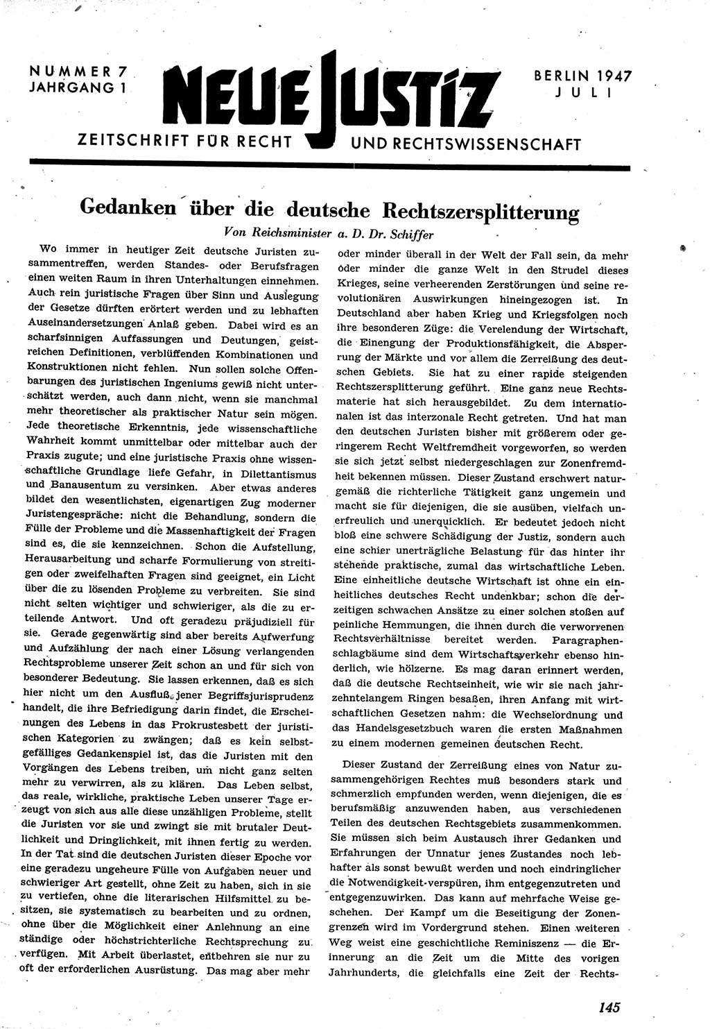 Neue Justiz (NJ), Zeitschrift für Recht und Rechtswissenschaft [Sowjetische Besatzungszone (SBZ) Deutschland], 1. Jahrgang 1947, Seite 145 (NJ SBZ Dtl. 1947, S. 145)