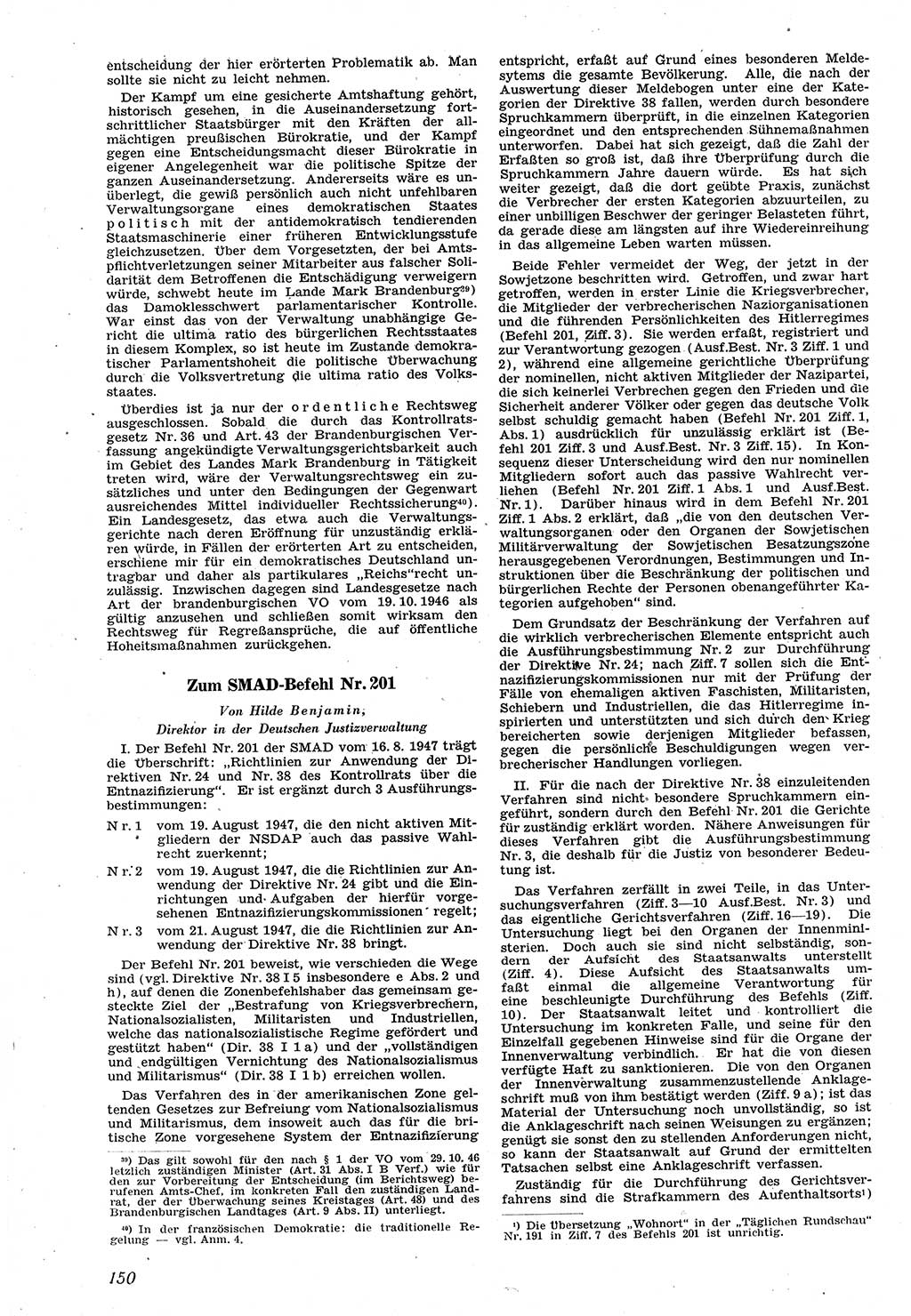 Neue Justiz (NJ), Zeitschrift für Recht und Rechtswissenschaft [Sowjetische Besatzungszone (SBZ) Deutschland], 1. Jahrgang 1947, Seite 150 (NJ SBZ Dtl. 1947, S. 150)