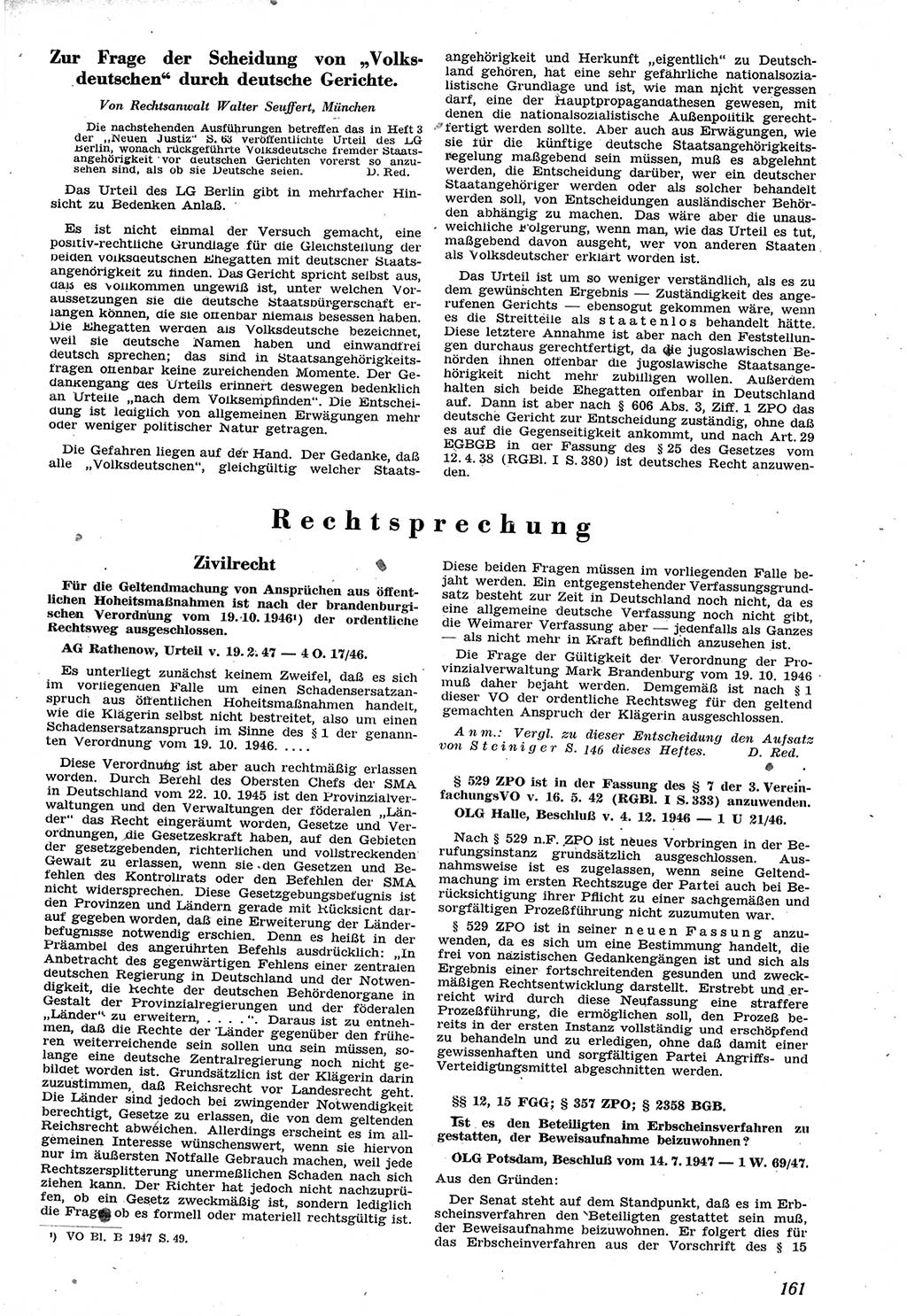 Neue Justiz (NJ), Zeitschrift für Recht und Rechtswissenschaft [Sowjetische Besatzungszone (SBZ) Deutschland], 1. Jahrgang 1947, Seite 161 (NJ SBZ Dtl. 1947, S. 161)