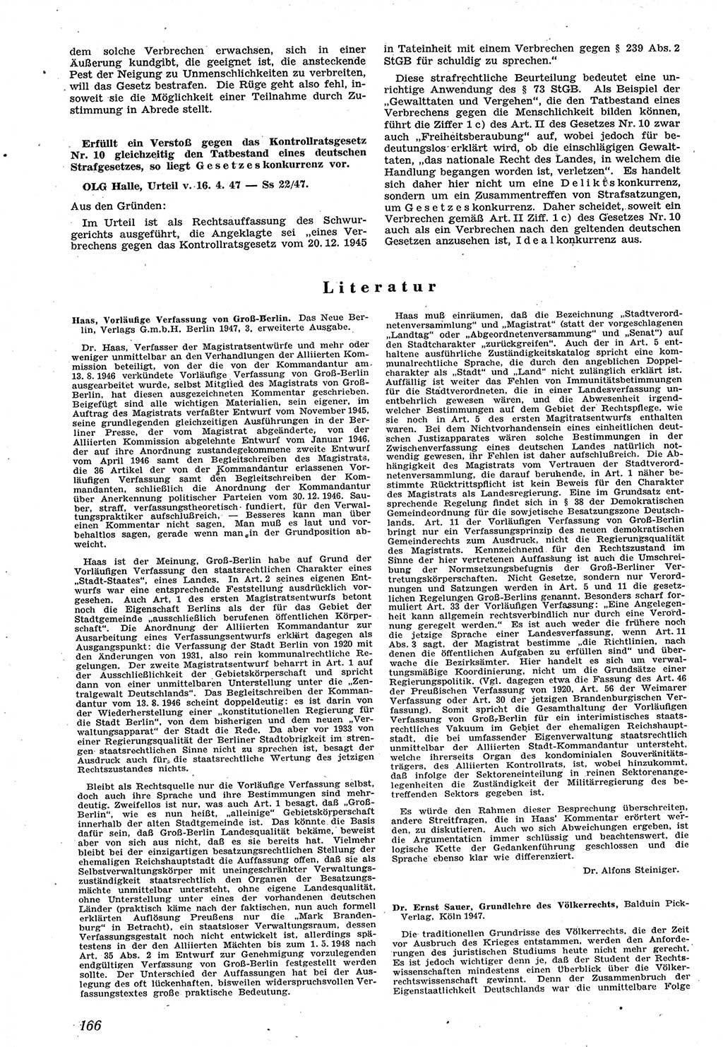Neue Justiz (NJ), Zeitschrift für Recht und Rechtswissenschaft [Sowjetische Besatzungszone (SBZ) Deutschland], 1. Jahrgang 1947, Seite 166 (NJ SBZ Dtl. 1947, S. 166)