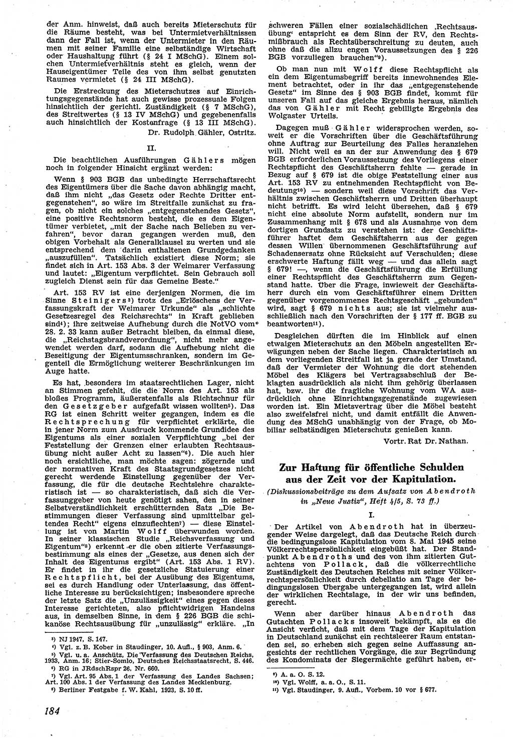 Neue Justiz (NJ), Zeitschrift für Recht und Rechtswissenschaft [Sowjetische Besatzungszone (SBZ) Deutschland], 1. Jahrgang 1947, Seite 184 (NJ SBZ Dtl. 1947, S. 184)
