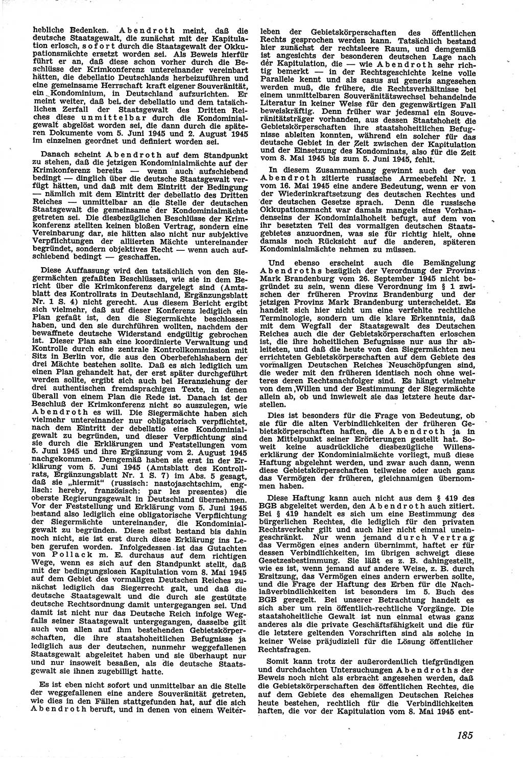 Neue Justiz (NJ), Zeitschrift für Recht und Rechtswissenschaft [Sowjetische Besatzungszone (SBZ) Deutschland], 1. Jahrgang 1947, Seite 185 (NJ SBZ Dtl. 1947, S. 185)