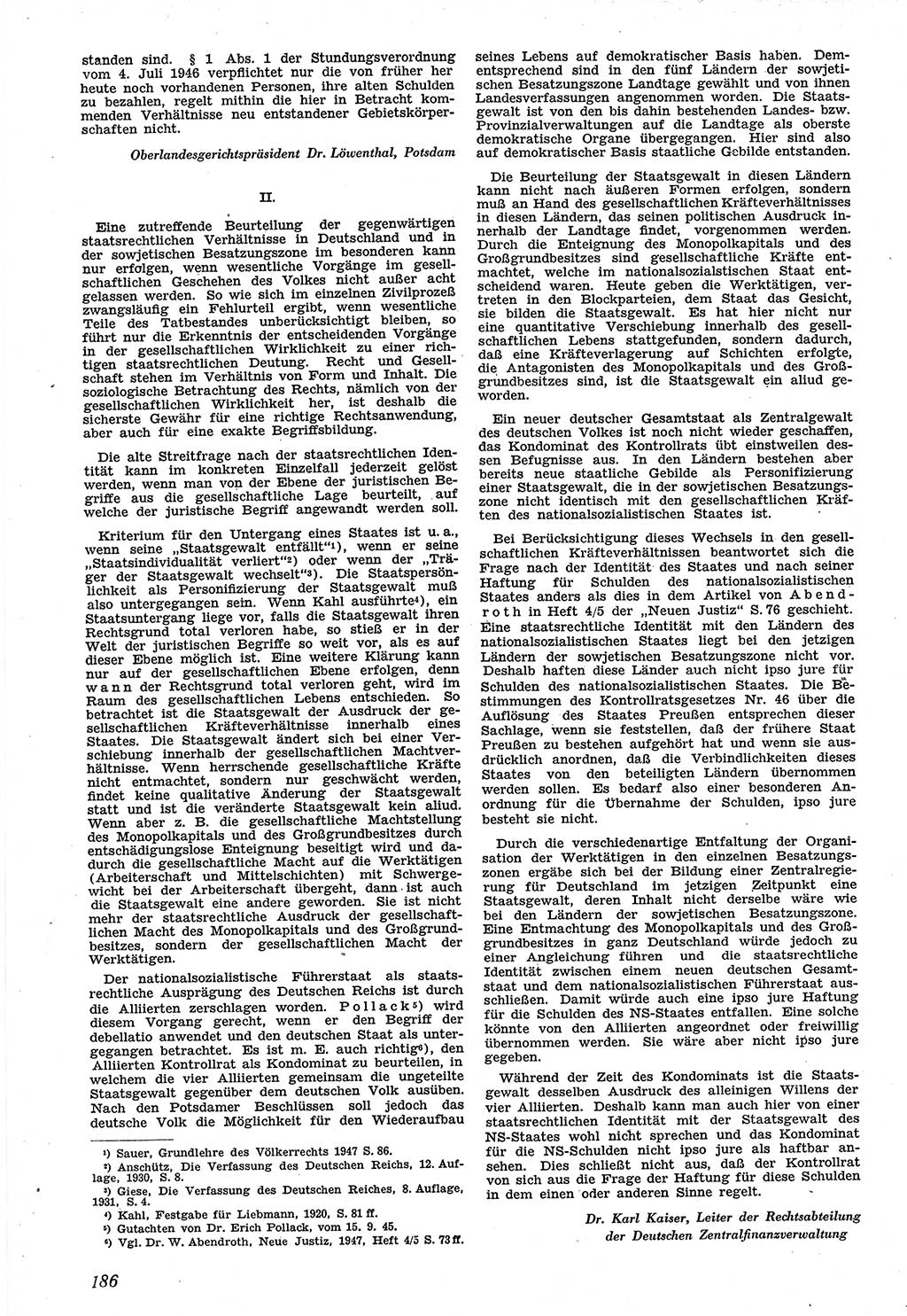 Neue Justiz (NJ), Zeitschrift für Recht und Rechtswissenschaft [Sowjetische Besatzungszone (SBZ) Deutschland], 1. Jahrgang 1947, Seite 186 (NJ SBZ Dtl. 1947, S. 186)