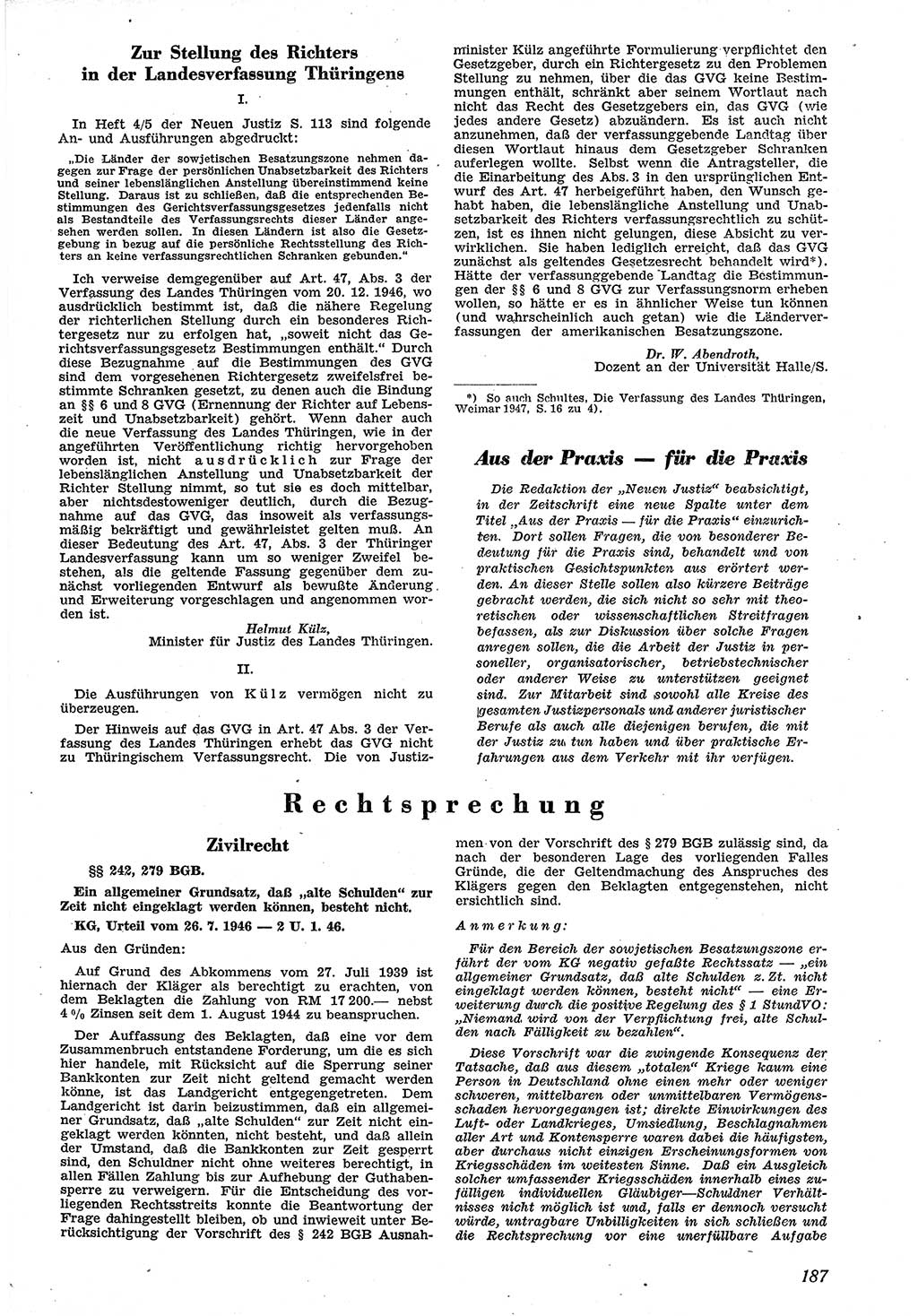 Neue Justiz (NJ), Zeitschrift für Recht und Rechtswissenschaft [Sowjetische Besatzungszone (SBZ) Deutschland], 1. Jahrgang 1947, Seite 187 (NJ SBZ Dtl. 1947, S. 187)