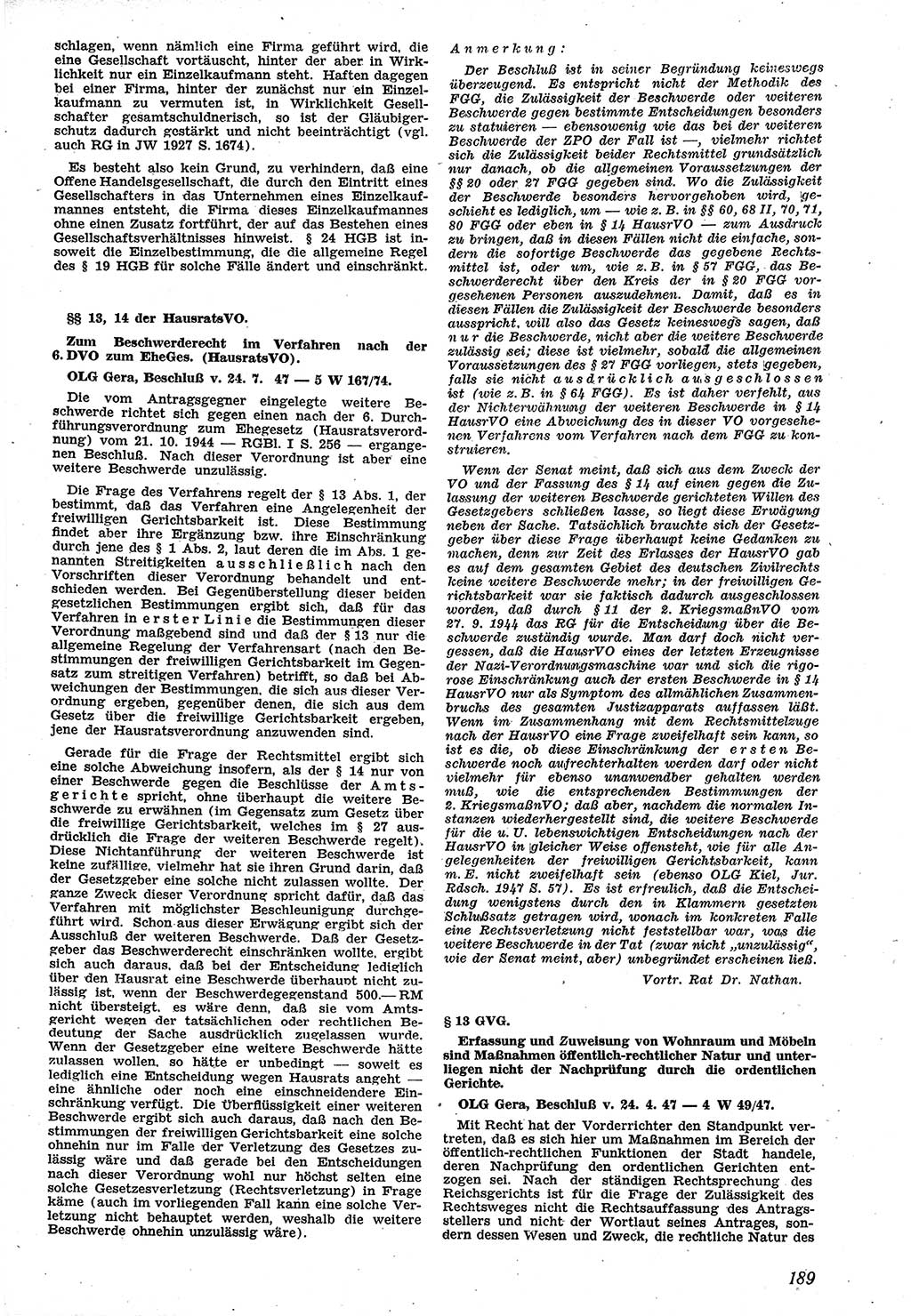 Neue Justiz (NJ), Zeitschrift für Recht und Rechtswissenschaft [Sowjetische Besatzungszone (SBZ) Deutschland], 1. Jahrgang 1947, Seite 189 (NJ SBZ Dtl. 1947, S. 189)