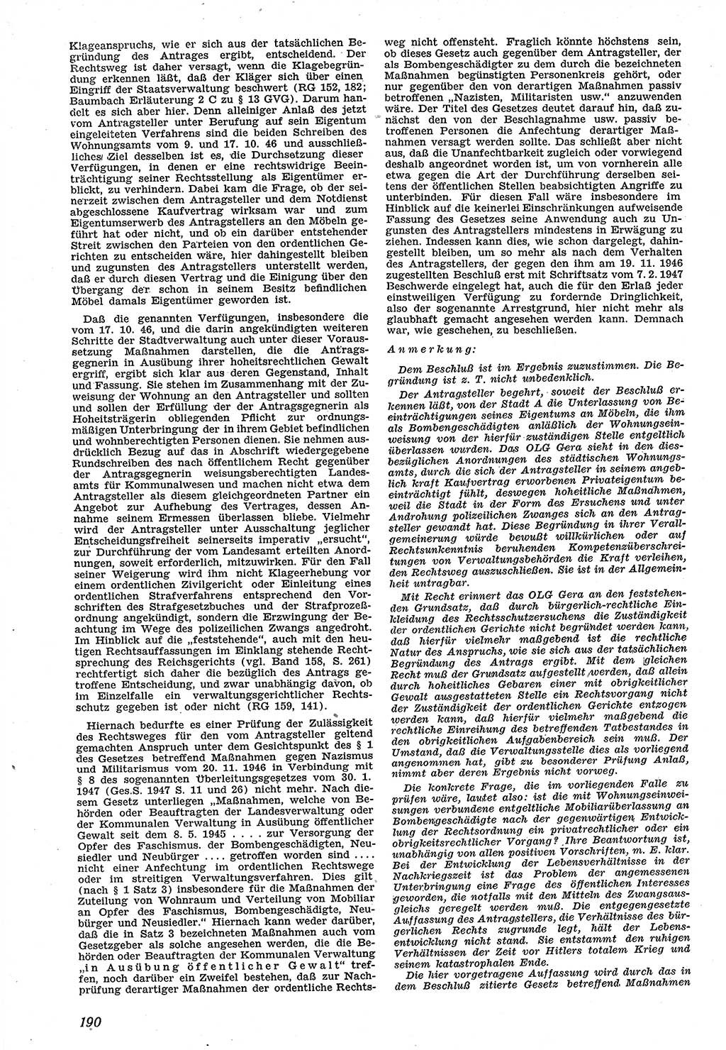 Neue Justiz (NJ), Zeitschrift für Recht und Rechtswissenschaft [Sowjetische Besatzungszone (SBZ) Deutschland], 1. Jahrgang 1947, Seite 190 (NJ SBZ Dtl. 1947, S. 190)