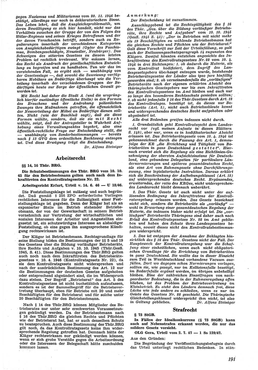 Neue Justiz (NJ), Zeitschrift für Recht und Rechtswissenschaft [Sowjetische Besatzungszone (SBZ) Deutschland], 1. Jahrgang 1947, Seite 191 (NJ SBZ Dtl. 1947, S. 191)