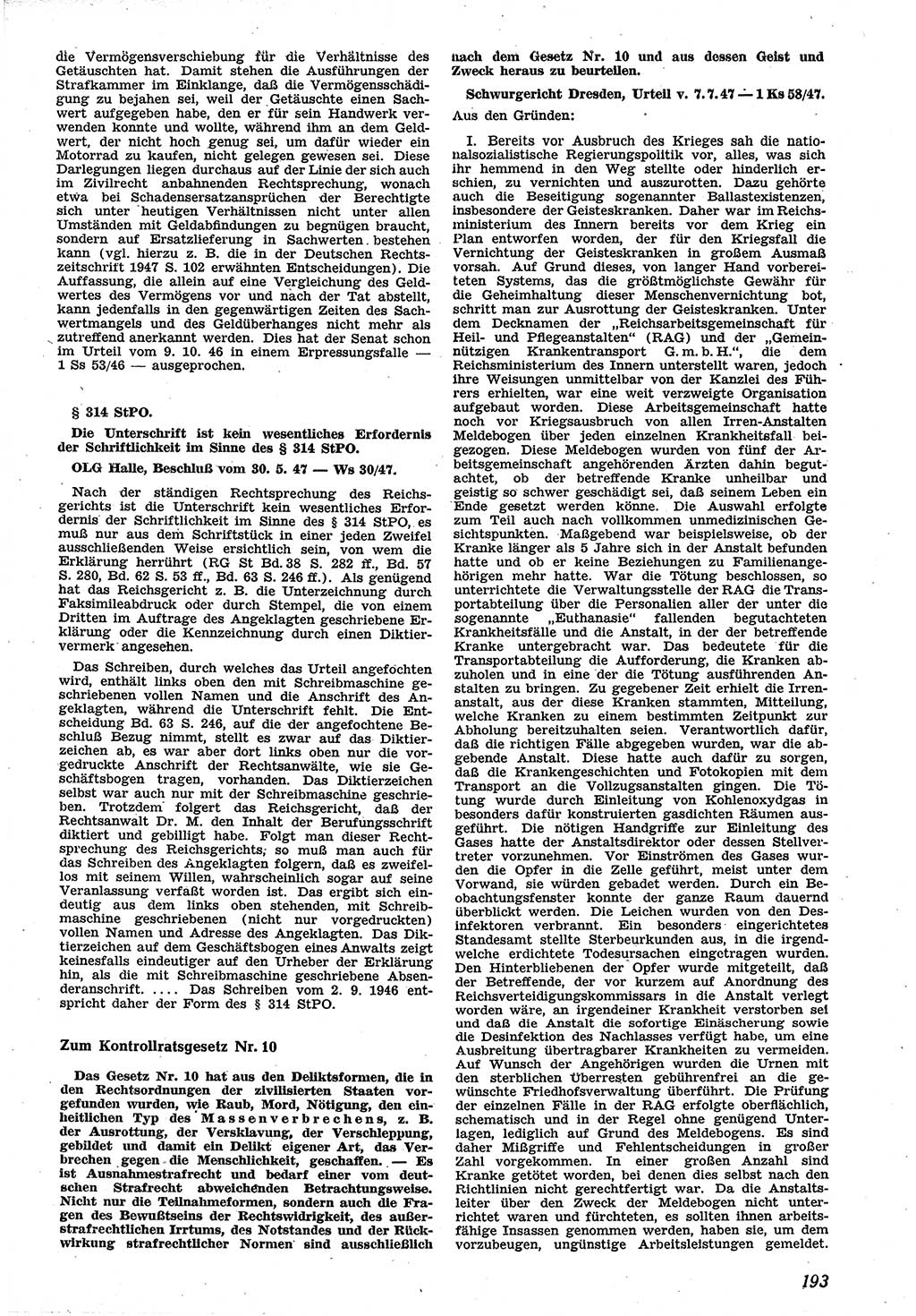 Neue Justiz (NJ), Zeitschrift für Recht und Rechtswissenschaft [Sowjetische Besatzungszone (SBZ) Deutschland], 1. Jahrgang 1947, Seite 193 (NJ SBZ Dtl. 1947, S. 193)