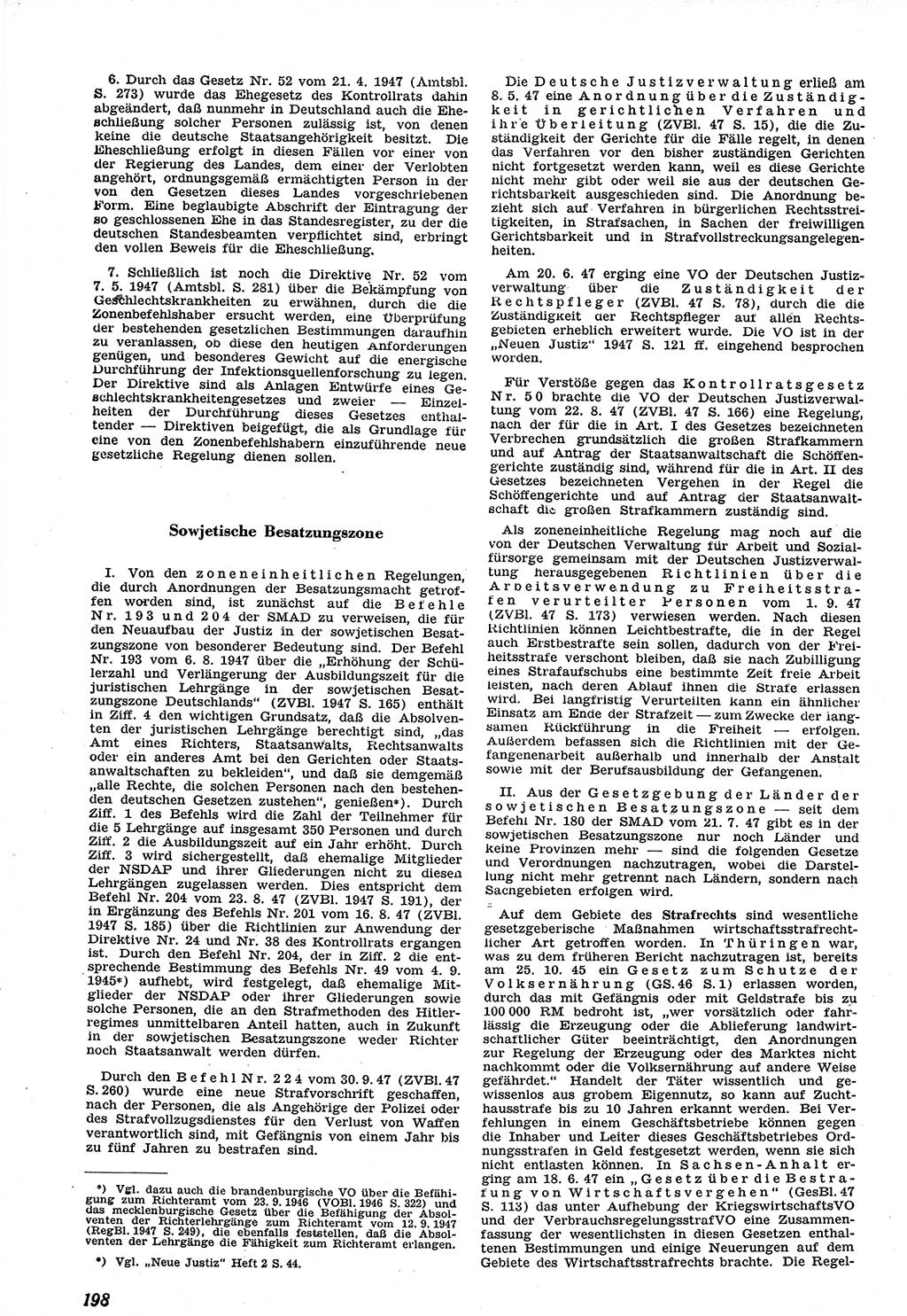 Neue Justiz (NJ), Zeitschrift für Recht und Rechtswissenschaft [Sowjetische Besatzungszone (SBZ) Deutschland], 1. Jahrgang 1947, Seite 198 (NJ SBZ Dtl. 1947, S. 198)