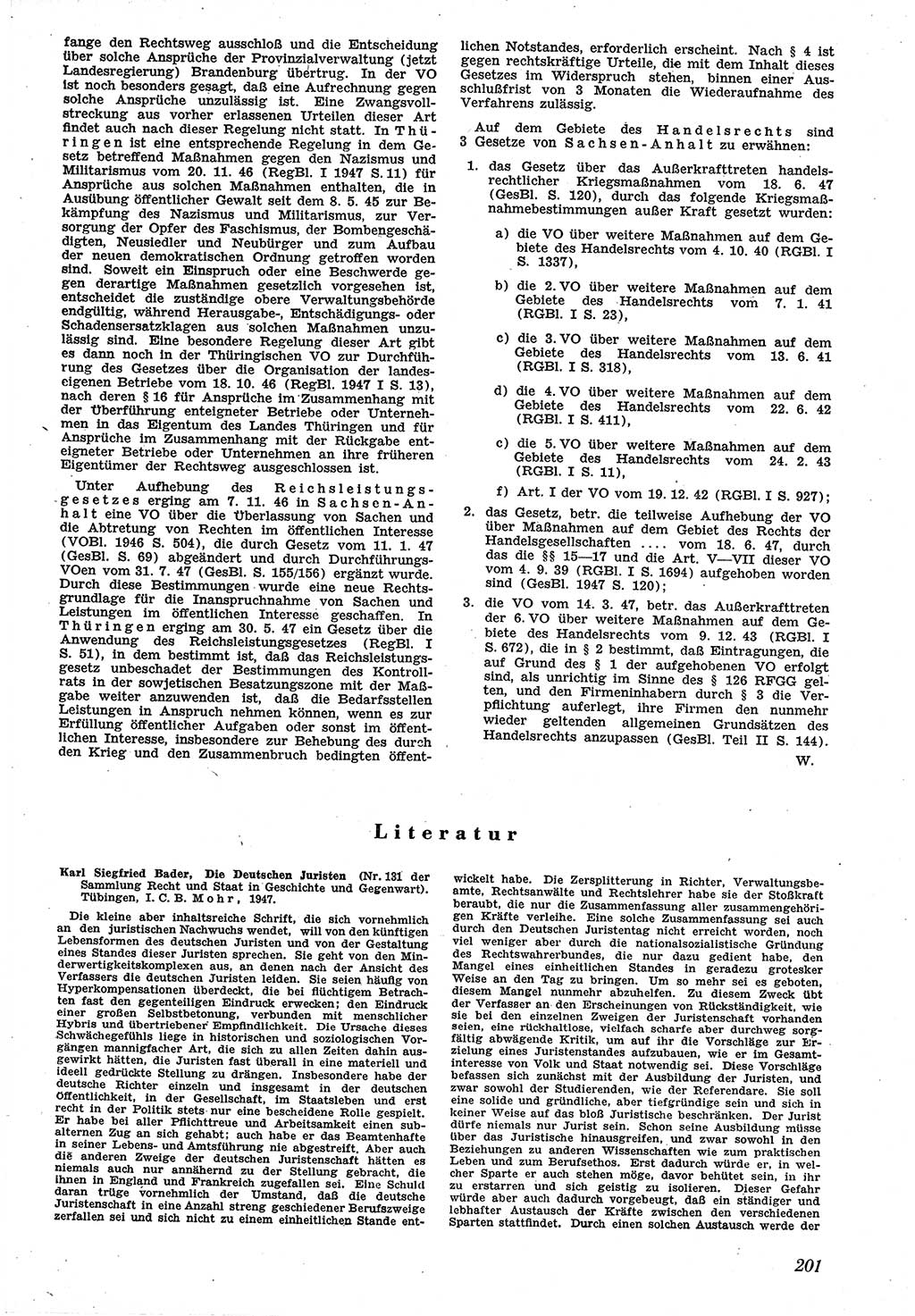 Neue Justiz (NJ), Zeitschrift für Recht und Rechtswissenschaft [Sowjetische Besatzungszone (SBZ) Deutschland], 1. Jahrgang 1947, Seite 201 (NJ SBZ Dtl. 1947, S. 201)