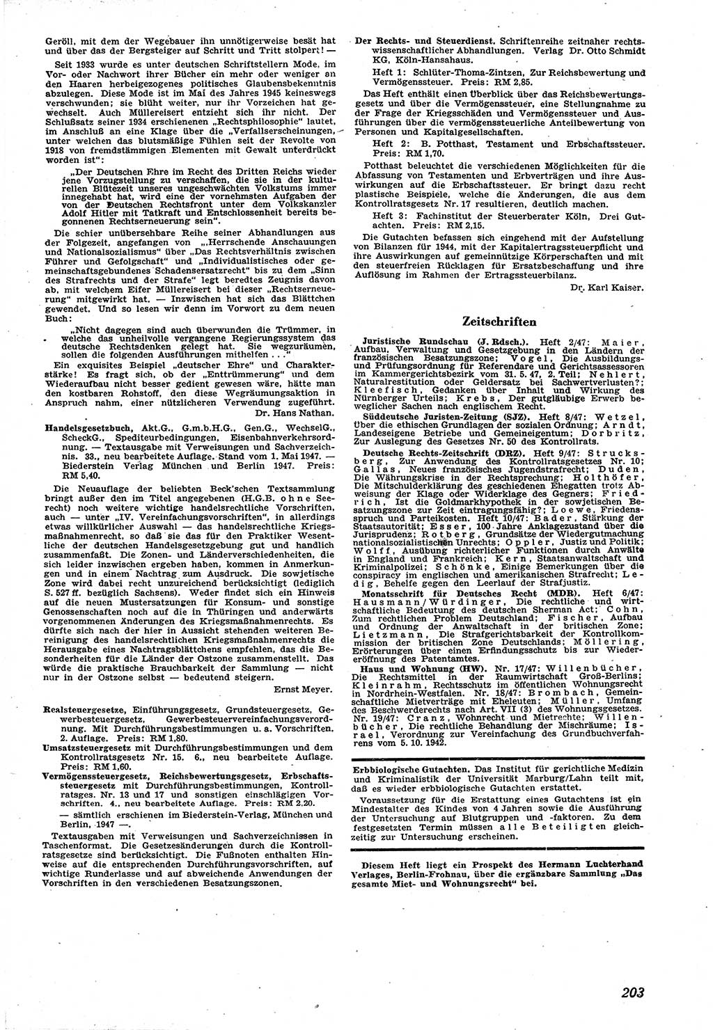 Neue Justiz (NJ), Zeitschrift für Recht und Rechtswissenschaft [Sowjetische Besatzungszone (SBZ) Deutschland], 1. Jahrgang 1947, Seite 203 (NJ SBZ Dtl. 1947, S. 203)