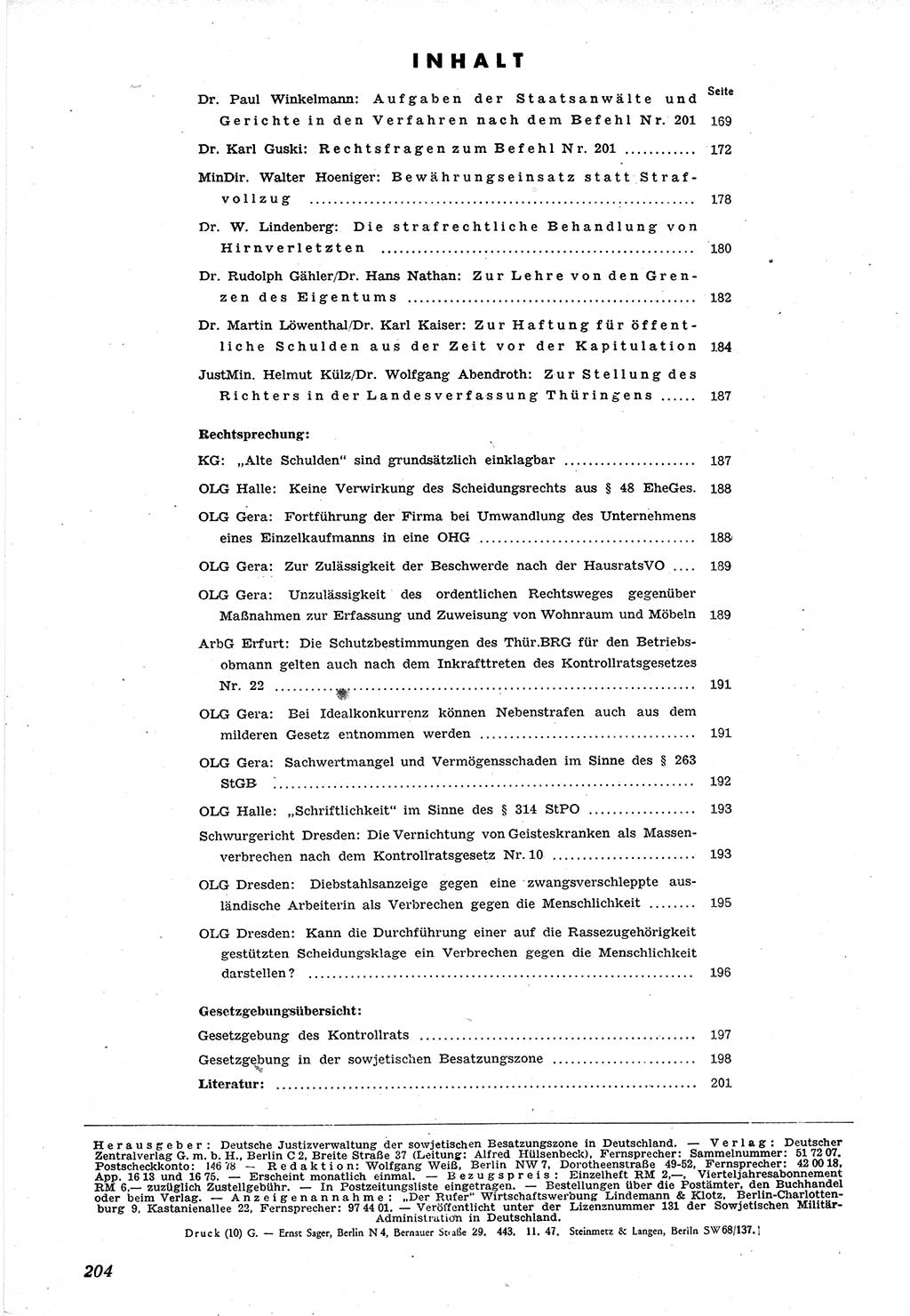 Neue Justiz (NJ), Zeitschrift für Recht und Rechtswissenschaft [Sowjetische Besatzungszone (SBZ) Deutschland], 1. Jahrgang 1947, Seite 204 (NJ SBZ Dtl. 1947, S. 204)