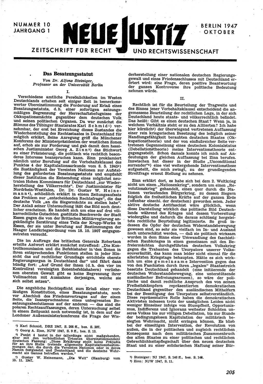 Neue Justiz (NJ), Zeitschrift für Recht und Rechtswissenschaft [Sowjetische Besatzungszone (SBZ) Deutschland], 1. Jahrgang 1947, Seite 205 (NJ SBZ Dtl. 1947, S. 205)