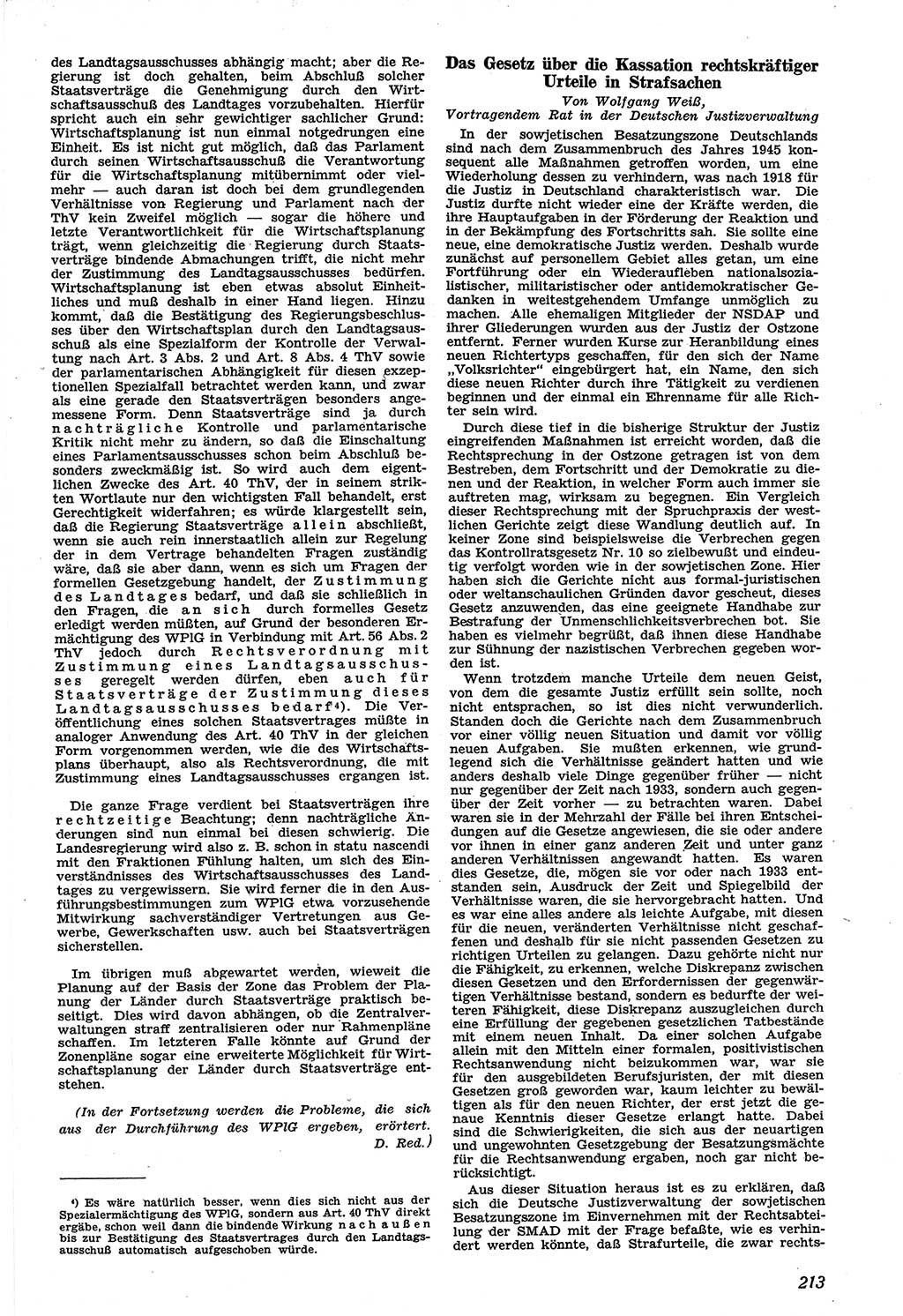Neue Justiz (NJ), Zeitschrift für Recht und Rechtswissenschaft [Sowjetische Besatzungszone (SBZ) Deutschland], 1. Jahrgang 1947, Seite 213 (NJ SBZ Dtl. 1947, S. 213)