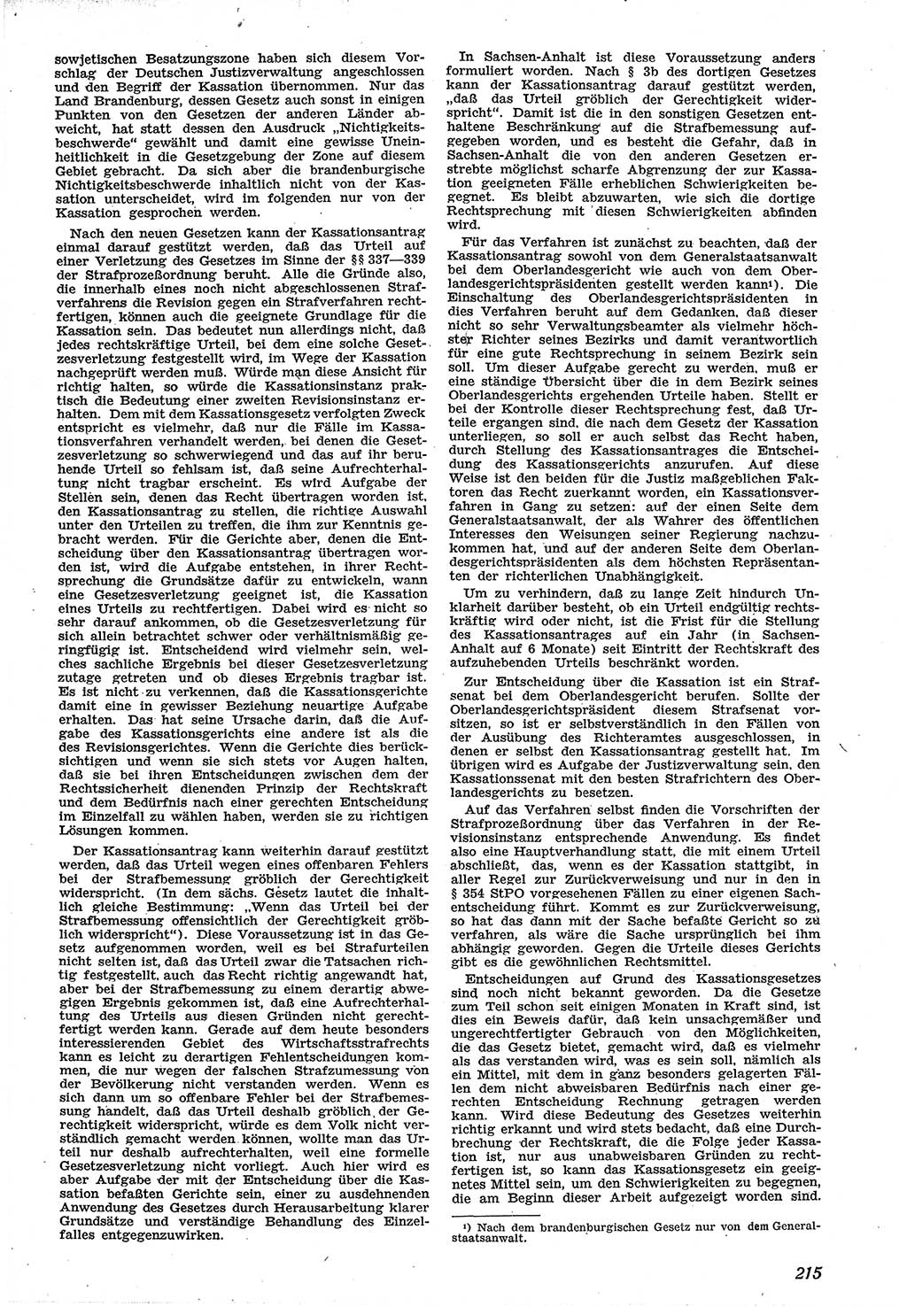 Neue Justiz (NJ), Zeitschrift für Recht und Rechtswissenschaft [Sowjetische Besatzungszone (SBZ) Deutschland], 1. Jahrgang 1947, Seite 215 (NJ SBZ Dtl. 1947, S. 215)