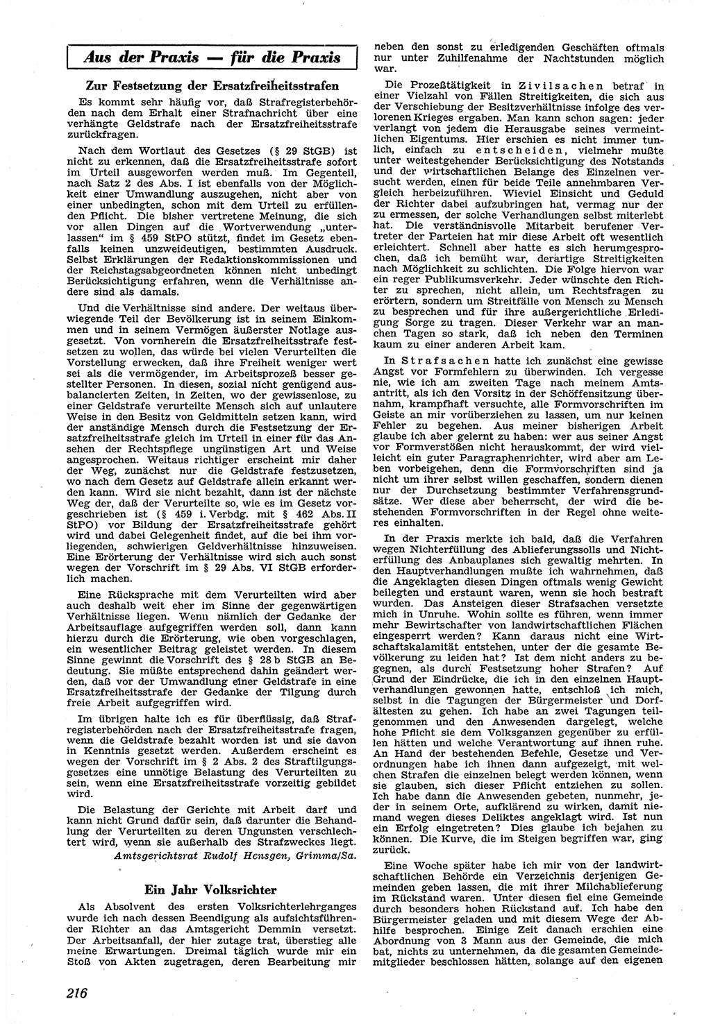 Neue Justiz (NJ), Zeitschrift für Recht und Rechtswissenschaft [Sowjetische Besatzungszone (SBZ) Deutschland], 1. Jahrgang 1947, Seite 216 (NJ SBZ Dtl. 1947, S. 216)