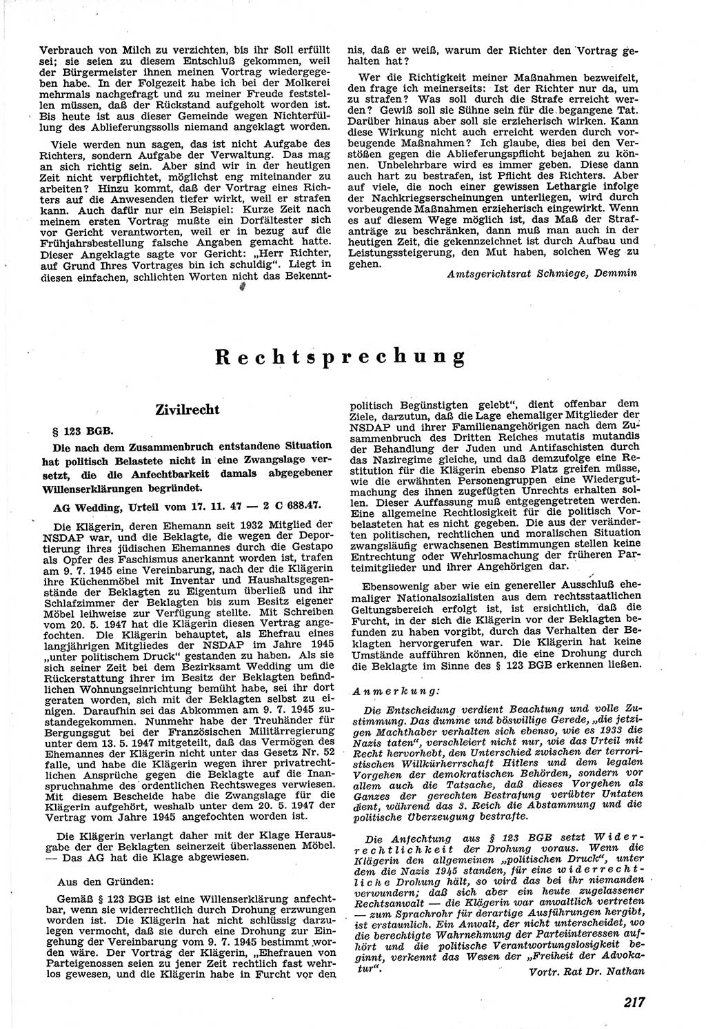 Neue Justiz (NJ), Zeitschrift für Recht und Rechtswissenschaft [Sowjetische Besatzungszone (SBZ) Deutschland], 1. Jahrgang 1947, Seite 217 (NJ SBZ Dtl. 1947, S. 217)