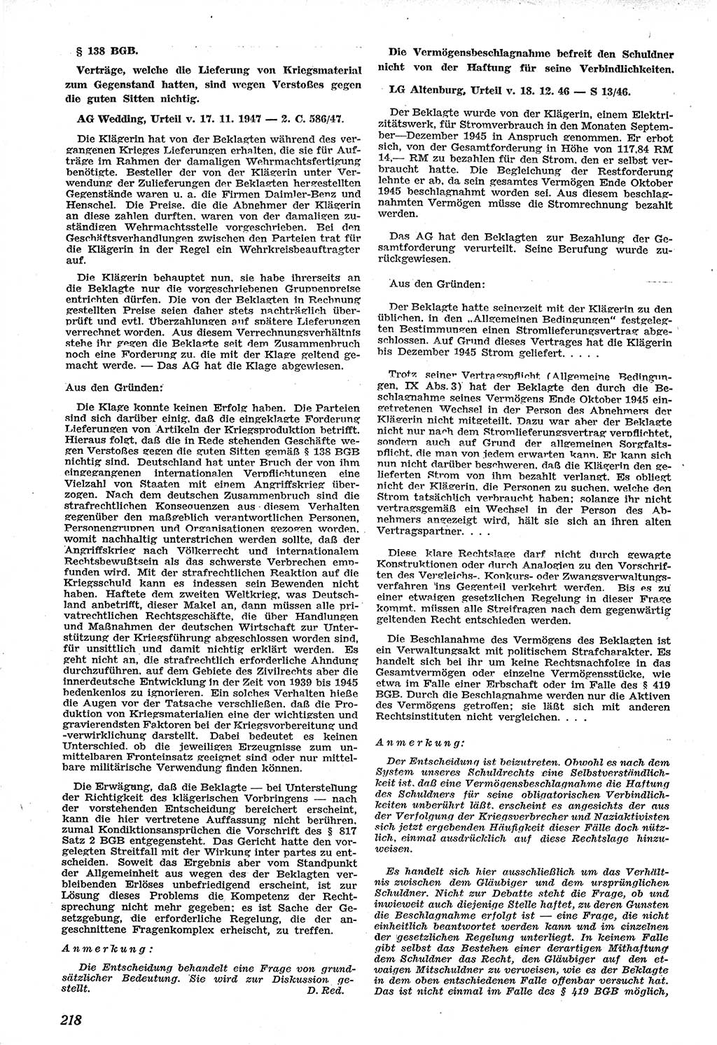 Neue Justiz (NJ), Zeitschrift für Recht und Rechtswissenschaft [Sowjetische Besatzungszone (SBZ) Deutschland], 1. Jahrgang 1947, Seite 218 (NJ SBZ Dtl. 1947, S. 218)