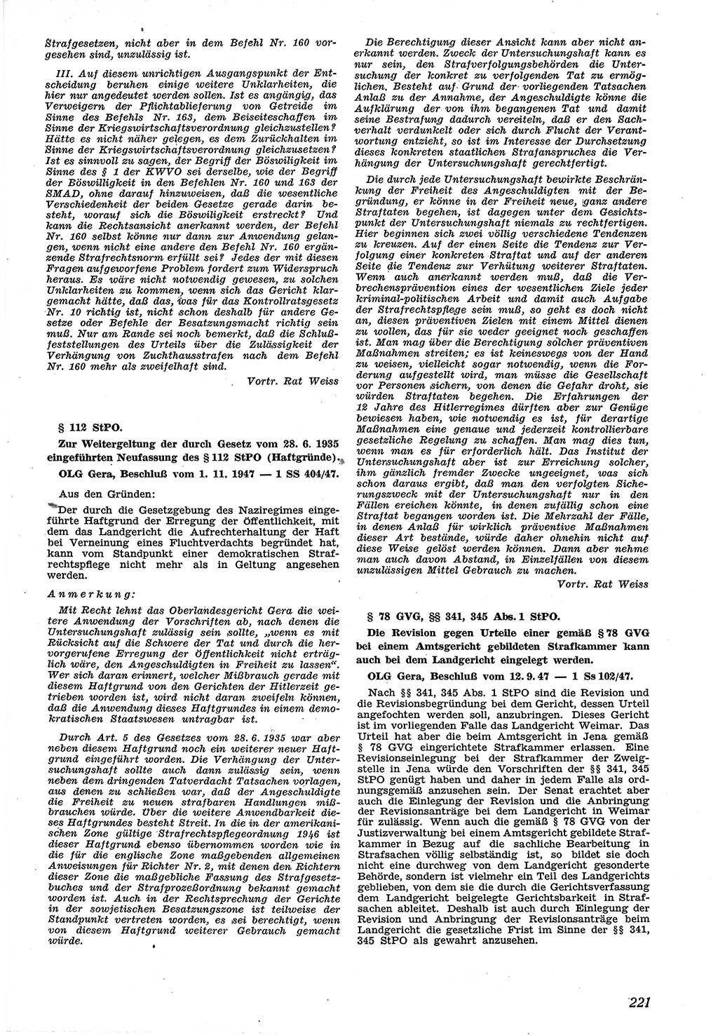 Neue Justiz (NJ), Zeitschrift für Recht und Rechtswissenschaft [Sowjetische Besatzungszone (SBZ) Deutschland], 1. Jahrgang 1947, Seite 221 (NJ SBZ Dtl. 1947, S. 221)