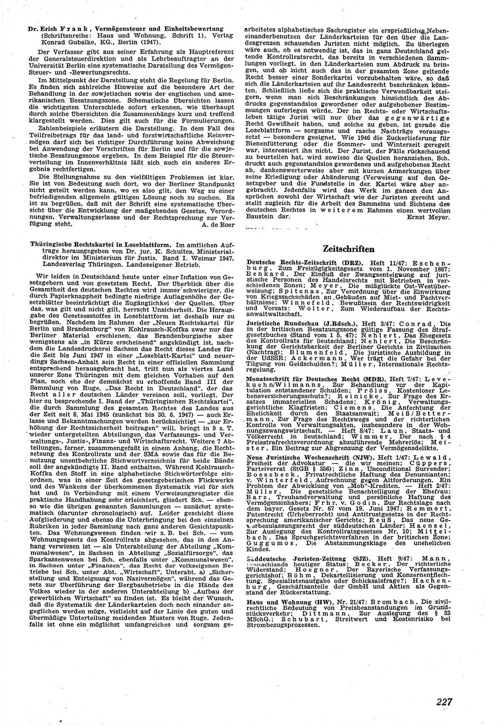 Neue Justiz (NJ), Zeitschrift für Recht und Rechtswissenschaft [Sowjetische Besatzungszone (SBZ) Deutschland], 1. Jahrgang 1947, Seite 227 (NJ SBZ Dtl. 1947, S. 227)