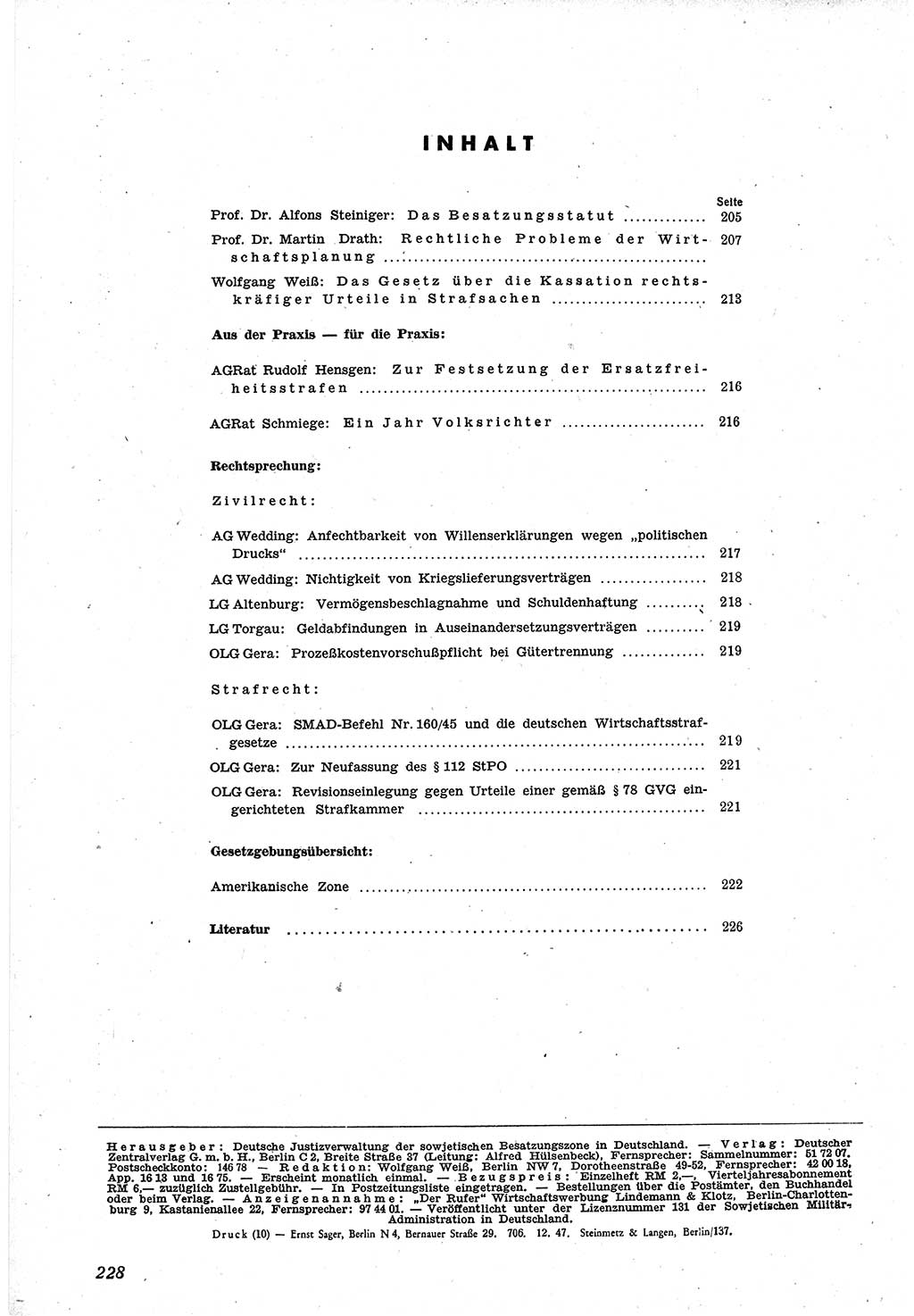 Neue Justiz (NJ), Zeitschrift für Recht und Rechtswissenschaft [Sowjetische Besatzungszone (SBZ) Deutschland], 1. Jahrgang 1947, Seite 228 (NJ SBZ Dtl. 1947, S. 228)