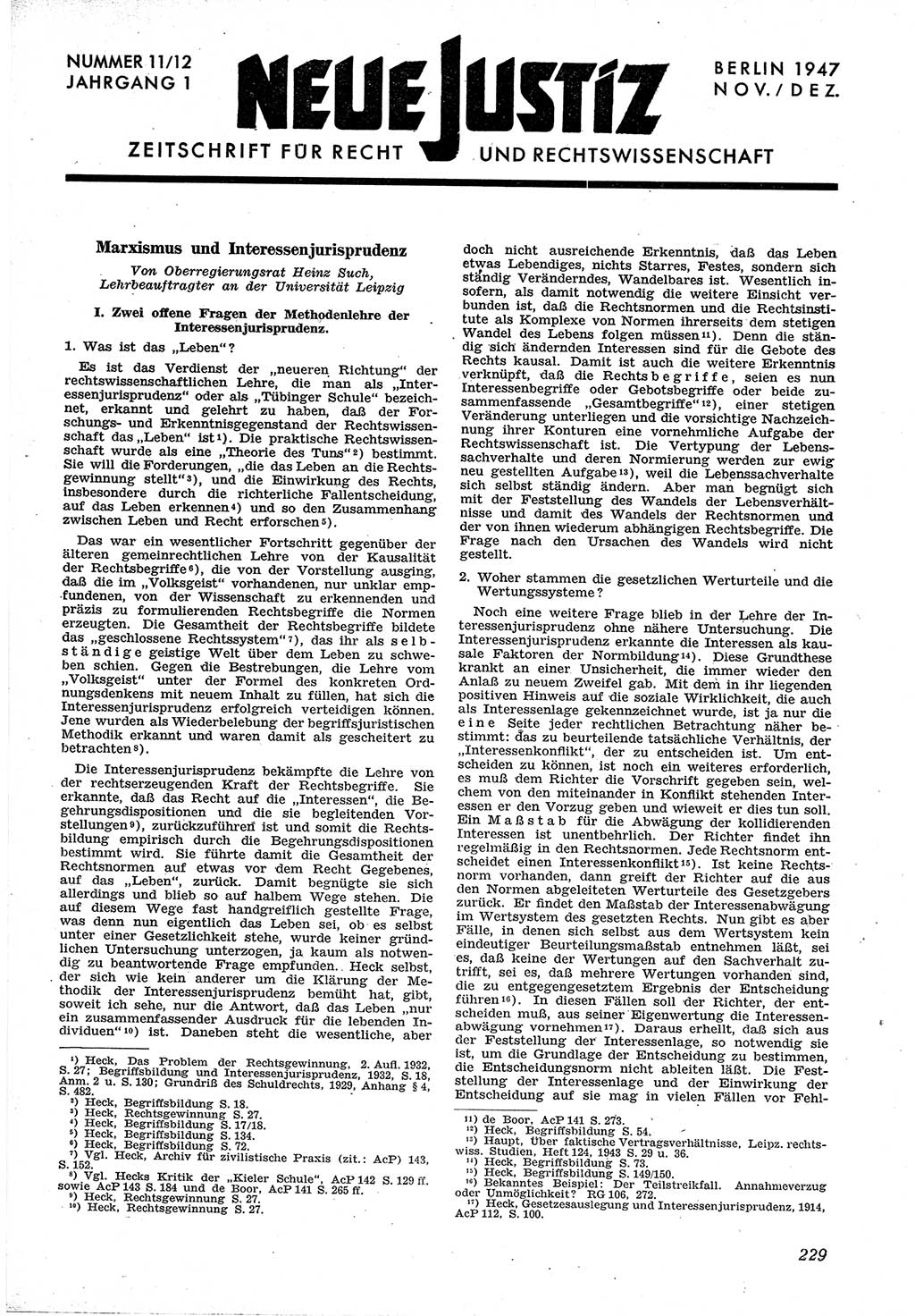 Neue Justiz (NJ), Zeitschrift für Recht und Rechtswissenschaft [Sowjetische Besatzungszone (SBZ) Deutschland], 1. Jahrgang 1947, Seite 229 (NJ SBZ Dtl. 1947, S. 229)