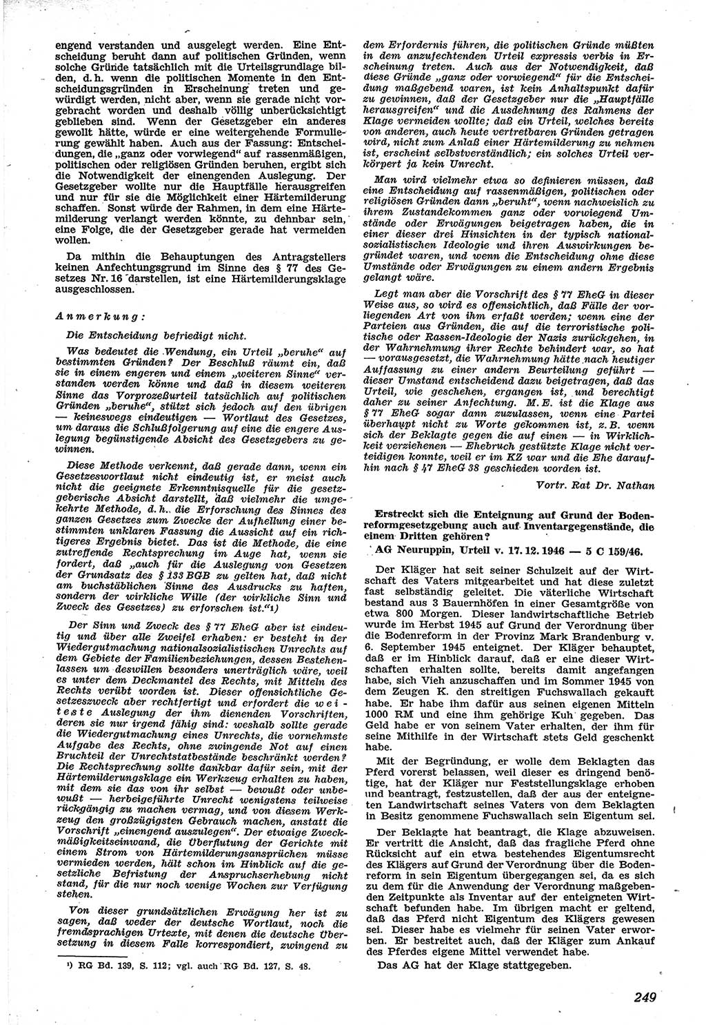 Neue Justiz (NJ), Zeitschrift für Recht und Rechtswissenschaft [Sowjetische Besatzungszone (SBZ) Deutschland], 1. Jahrgang 1947, Seite 249 (NJ SBZ Dtl. 1947, S. 249)