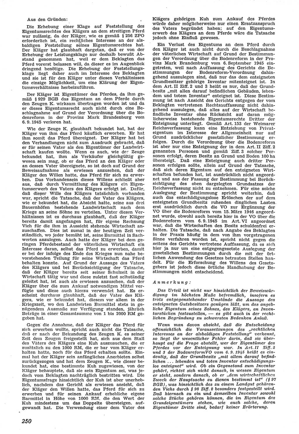 Neue Justiz (NJ), Zeitschrift für Recht und Rechtswissenschaft [Sowjetische Besatzungszone (SBZ) Deutschland], 1. Jahrgang 1947, Seite 250 (NJ SBZ Dtl. 1947, S. 250)