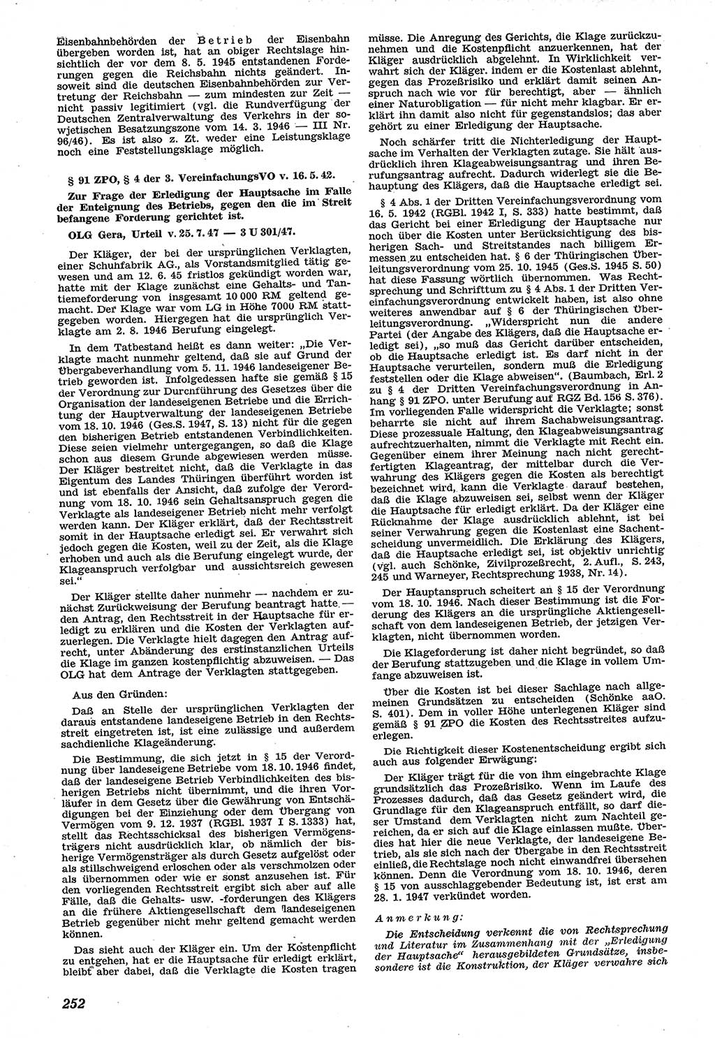 Neue Justiz (NJ), Zeitschrift für Recht und Rechtswissenschaft [Sowjetische Besatzungszone (SBZ) Deutschland], 1. Jahrgang 1947, Seite 252 (NJ SBZ Dtl. 1947, S. 252)