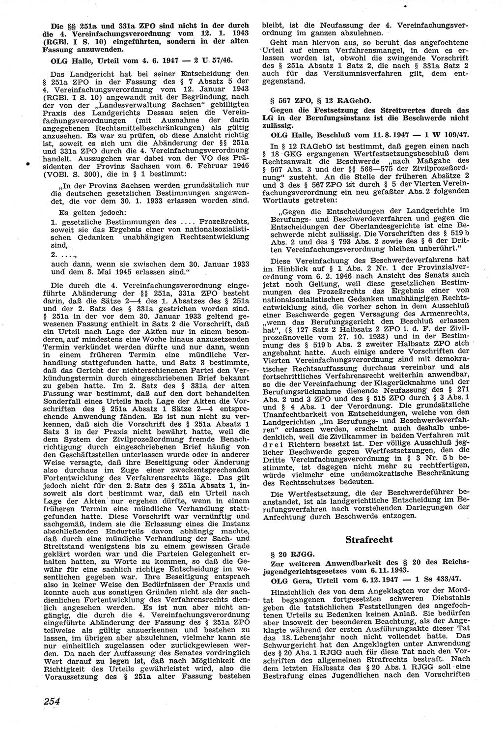 Neue Justiz (NJ), Zeitschrift für Recht und Rechtswissenschaft [Sowjetische Besatzungszone (SBZ) Deutschland], 1. Jahrgang 1947, Seite 254 (NJ SBZ Dtl. 1947, S. 254)
