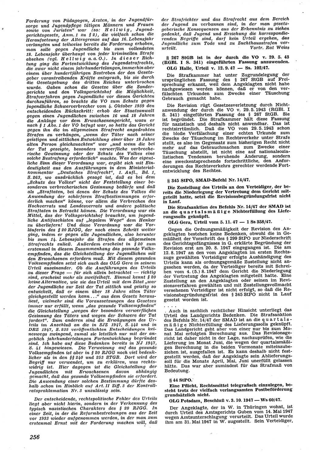 Neue Justiz (NJ), Zeitschrift für Recht und Rechtswissenschaft [Sowjetische Besatzungszone (SBZ) Deutschland], 1. Jahrgang 1947, Seite 256 (NJ SBZ Dtl. 1947, S. 256)