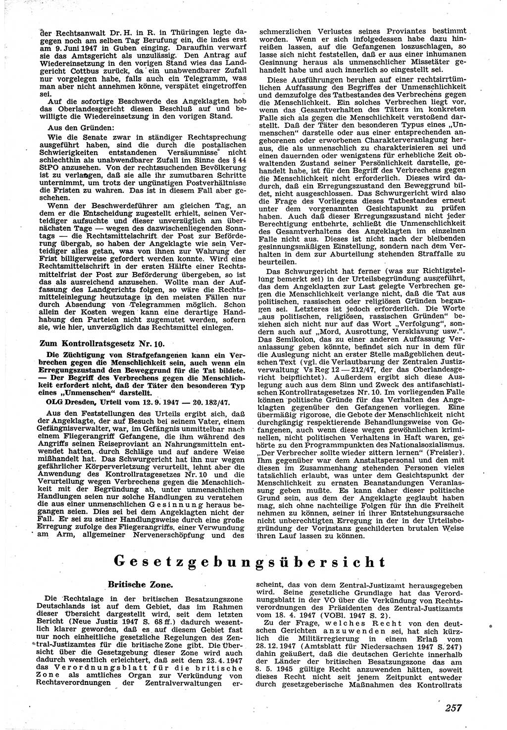 Neue Justiz (NJ), Zeitschrift für Recht und Rechtswissenschaft [Sowjetische Besatzungszone (SBZ) Deutschland], 1. Jahrgang 1947, Seite 257 (NJ SBZ Dtl. 1947, S. 257)