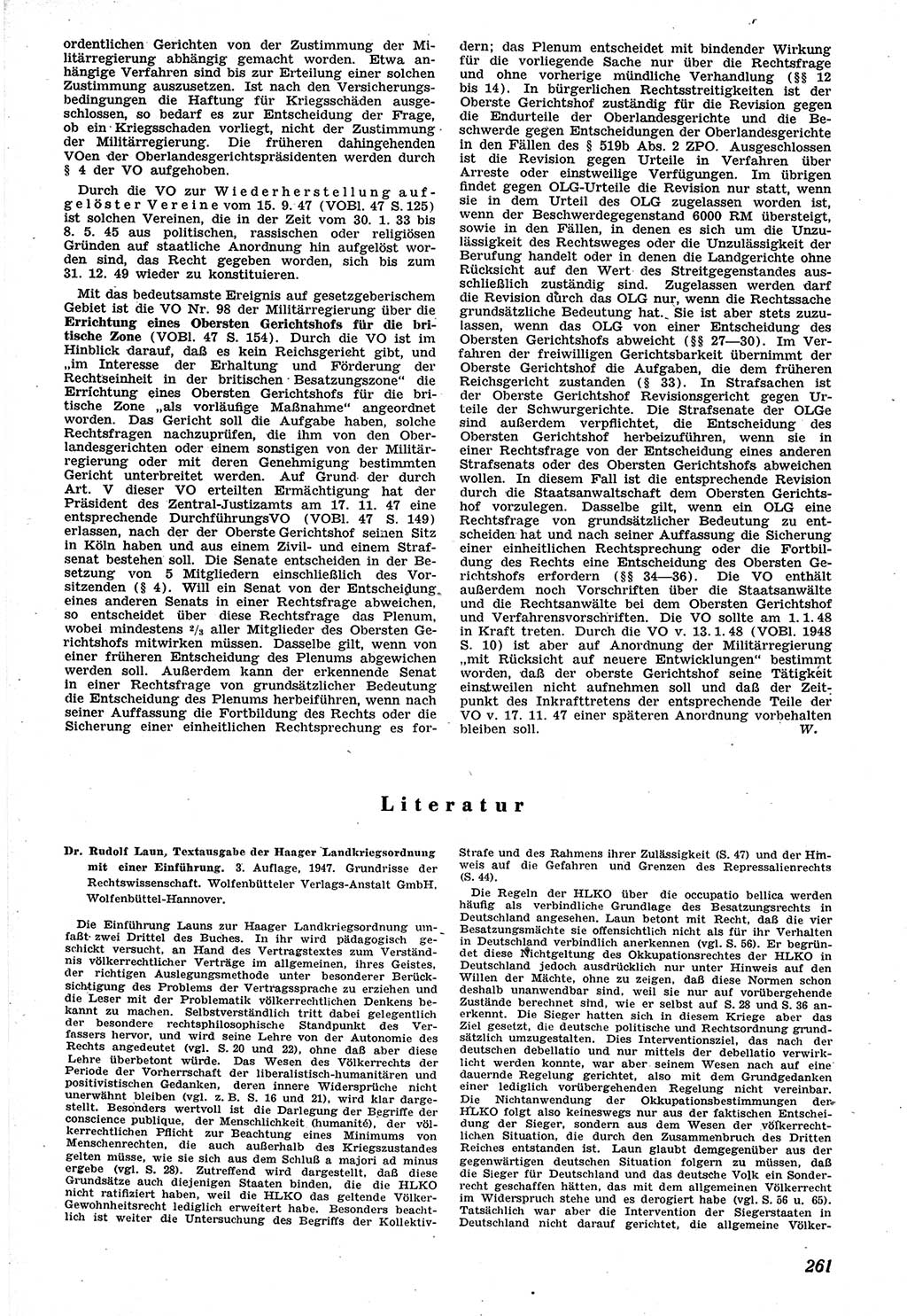 Neue Justiz (NJ), Zeitschrift für Recht und Rechtswissenschaft [Sowjetische Besatzungszone (SBZ) Deutschland], 1. Jahrgang 1947, Seite 261 (NJ SBZ Dtl. 1947, S. 261)