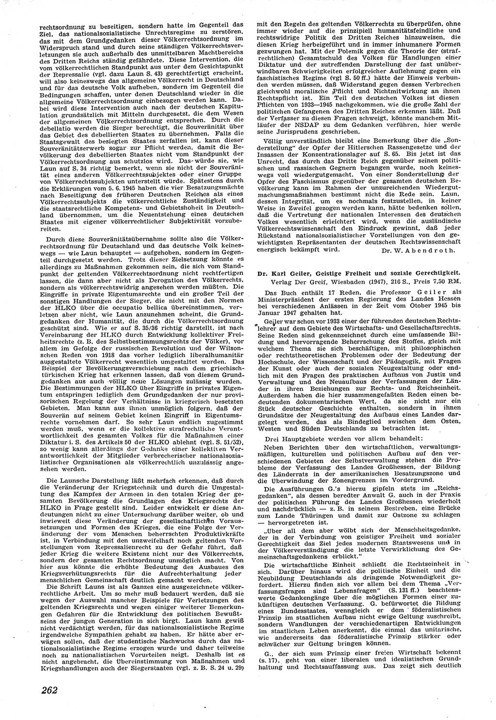 Neue Justiz (NJ), Zeitschrift für Recht und Rechtswissenschaft [Sowjetische Besatzungszone (SBZ) Deutschland], 1. Jahrgang 1947, Seite 262 (NJ SBZ Dtl. 1947, S. 262)