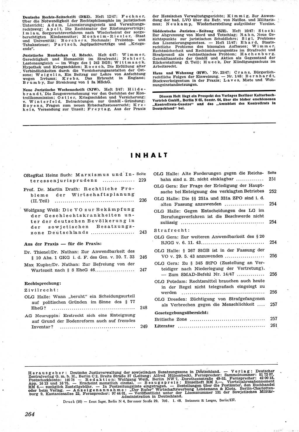 Neue Justiz (NJ), Zeitschrift für Recht und Rechtswissenschaft [Sowjetische Besatzungszone (SBZ) Deutschland], 1. Jahrgang 1947, Seite 264 (NJ SBZ Dtl. 1947, S. 264)