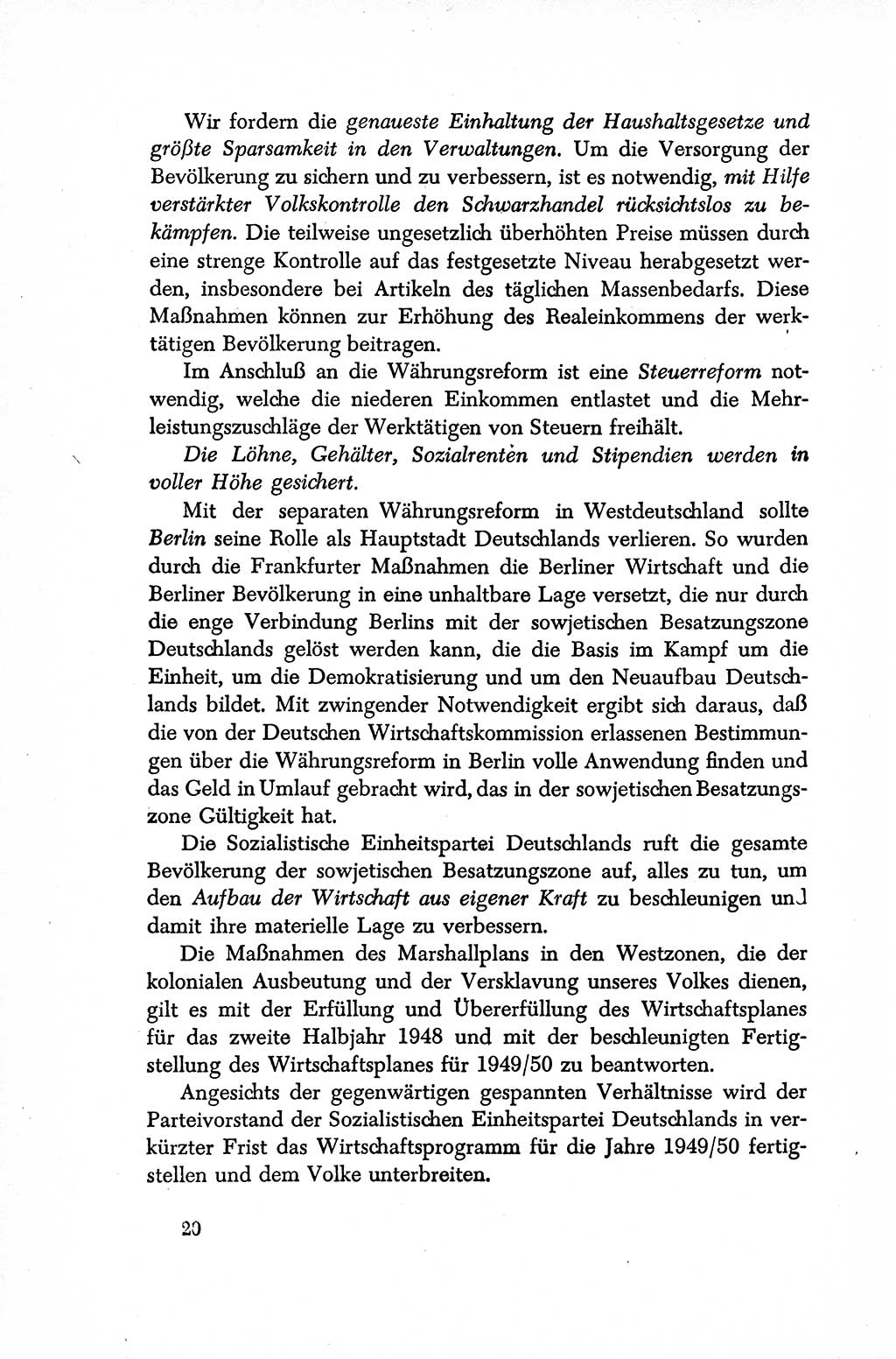 Dokumente der Sozialistischen Einheitspartei Deutschlands (SED) [Sowjetische Besatzungszone (SBZ) Deutschlands/Deutsche Demokratische Republik (DDR)] 1948-1950, Seite 20 (Dok. SED SBZ Dtl. DDR 1948-1950, S. 20)