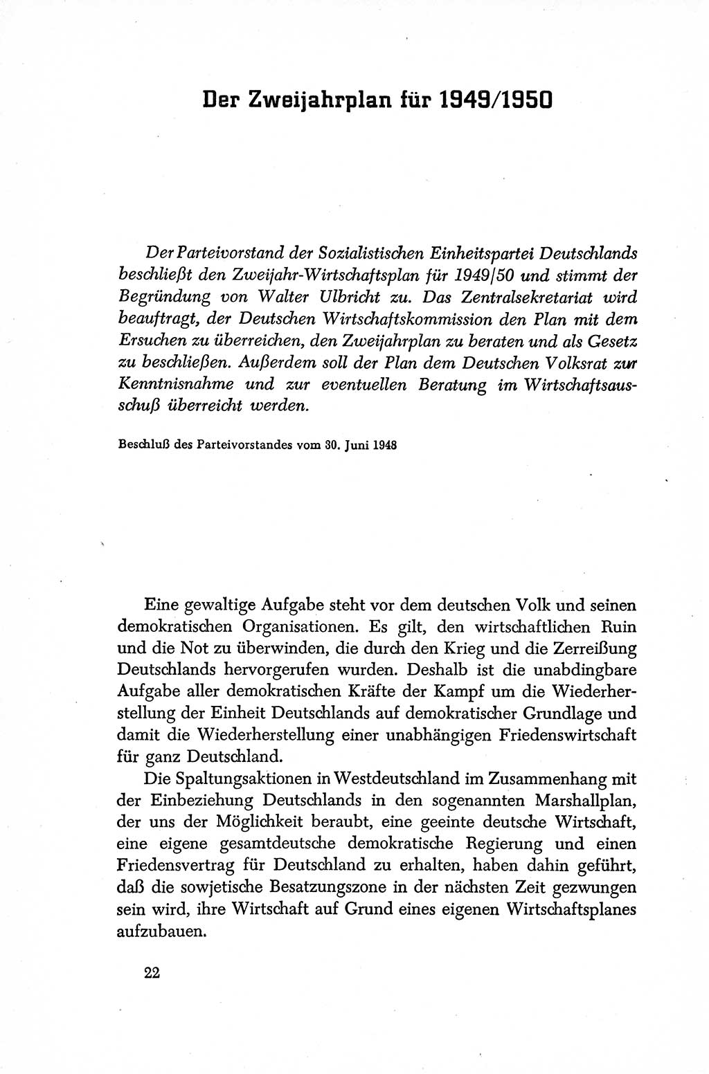 Dokumente der Sozialistischen Einheitspartei Deutschlands (SED) [Sowjetische Besatzungszone (SBZ) Deutschlands/Deutsche Demokratische Republik (DDR)] 1948-1950, Seite 22 (Dok. SED SBZ Dtl. DDR 1948-1950, S. 22)