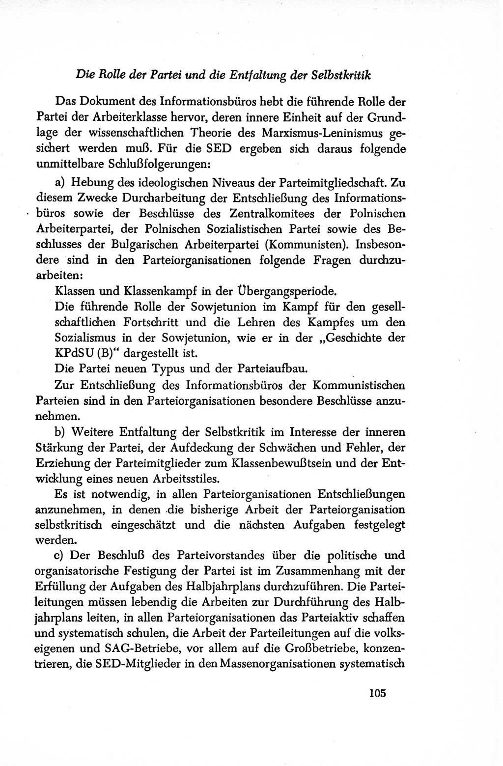Dokumente der Sozialistischen Einheitspartei Deutschlands (SED) [Sowjetische Besatzungszone (SBZ) Deutschlands/Deutsche Demokratische Republik (DDR)] 1948-1950, Seite 105 (Dok. SED SBZ Dtl. DDR 1948-1950, S. 105)