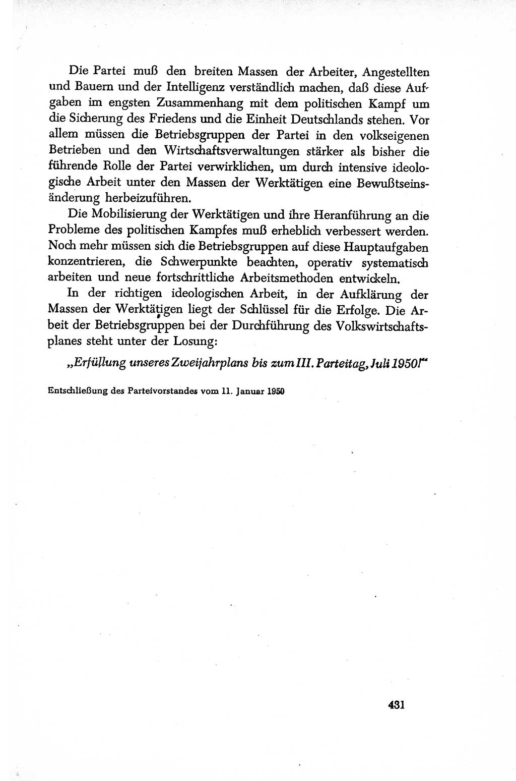 Dokumente der Sozialistischen Einheitspartei Deutschlands (SED) [Sowjetische Besatzungszone (SBZ) Deutschlands/Deutsche Demokratische Republik (DDR)] 1948-1950, Seite 431 (Dok. SED SBZ Dtl. DDR 1948-1950, S. 431)